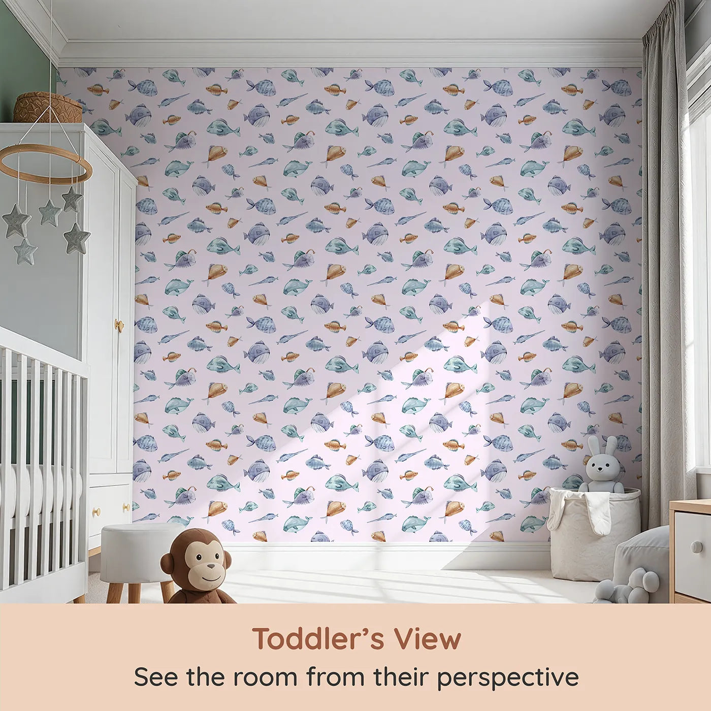 Whimsy Tots Dreamy Fish Parade Wallpaper in Pink (W3337B) from your child's view.Soft fishy friends drift sweetly across pastel pink waves.