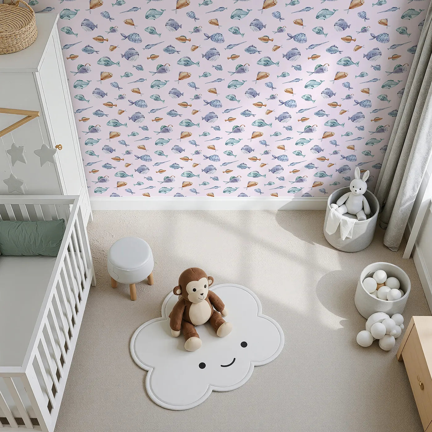 Top-Down view of Whimsy Tots' Dreamy Fish Parade Wallpaper in Pink (W3337B).Soft fishy friends drift sweetly across pastel pink waves.