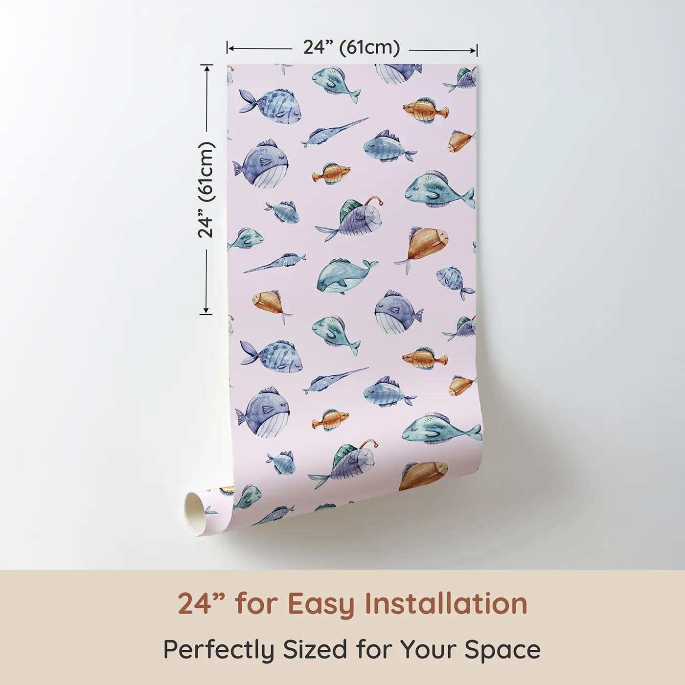 Dimension view of Whimsy Tots Dreamy Fish Parade Wallpaper in Pink (W3337B). Printed in 24-inch-wide panel for easy installation. Soft fishy friends drift sweetly across pastel pink waves.