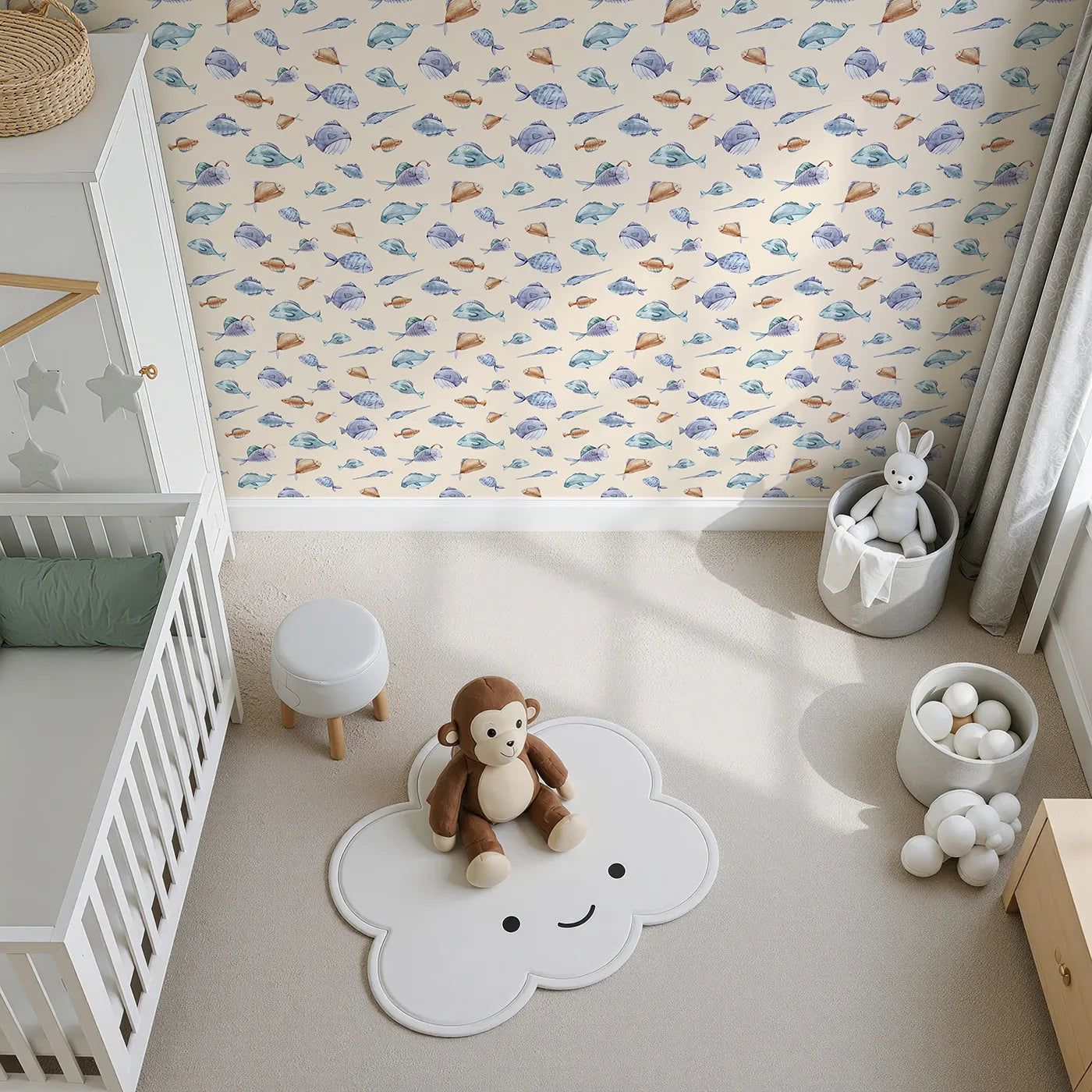 Top-Down view of Whimsy Tots' Dreamy Fish Parade Wallpaper in Peach (W3337C).Watercolor fish float gently through a warm peach-toned sea.