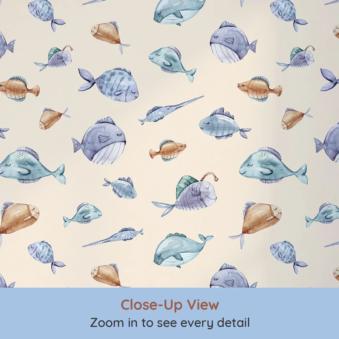 Close-up view of Whimsy Tots' Dreamy Fish Parade Wallpaper in Peach (W3337C).Watercolor fish float gently through a warm peach-toned sea.