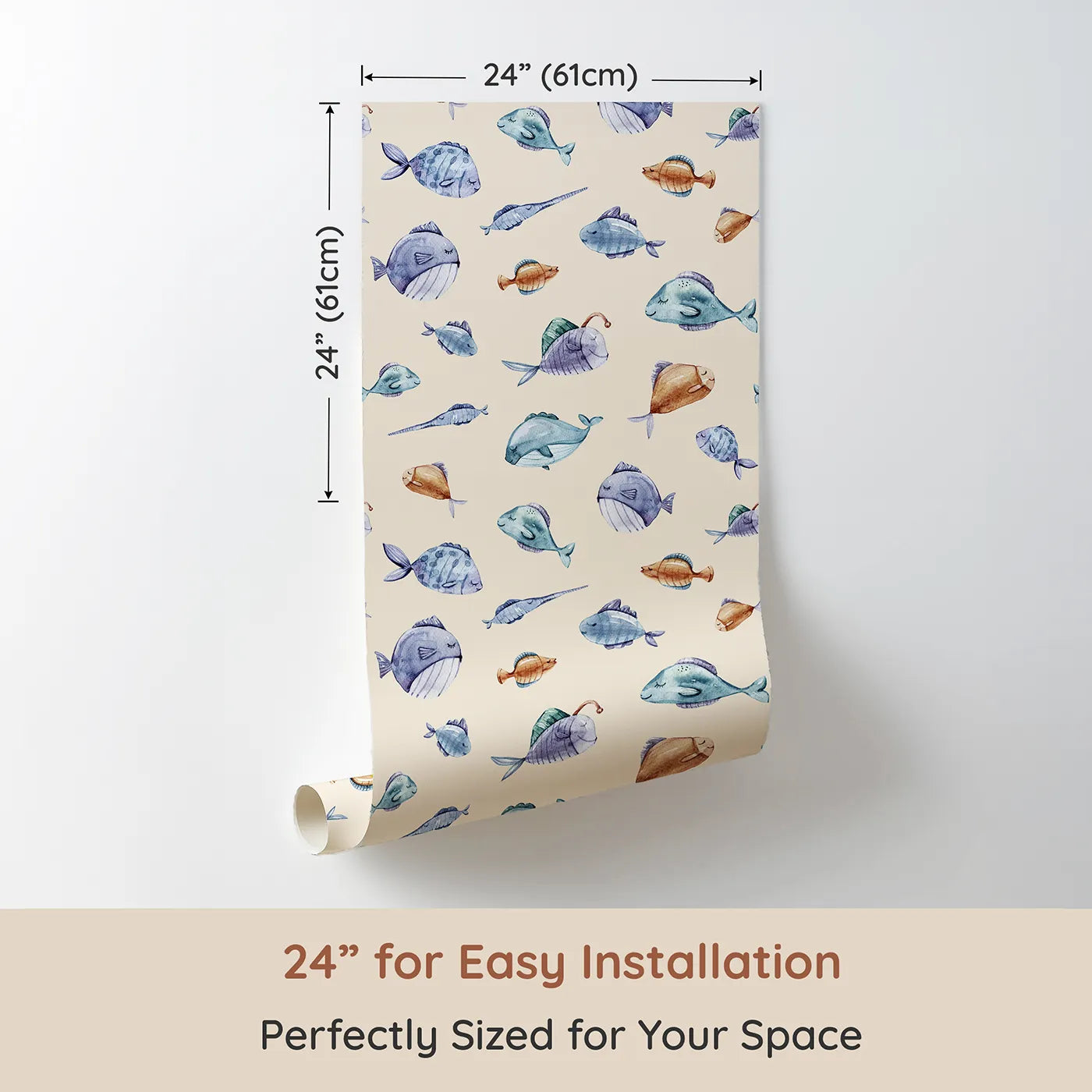 Dimension view of Whimsy Tots Dreamy Fish Parade Wallpaper in Peach (W3337C). Printed in 24-inch-wide panel for easy installation. Watercolor fish float gently through a warm peach-toned sea.