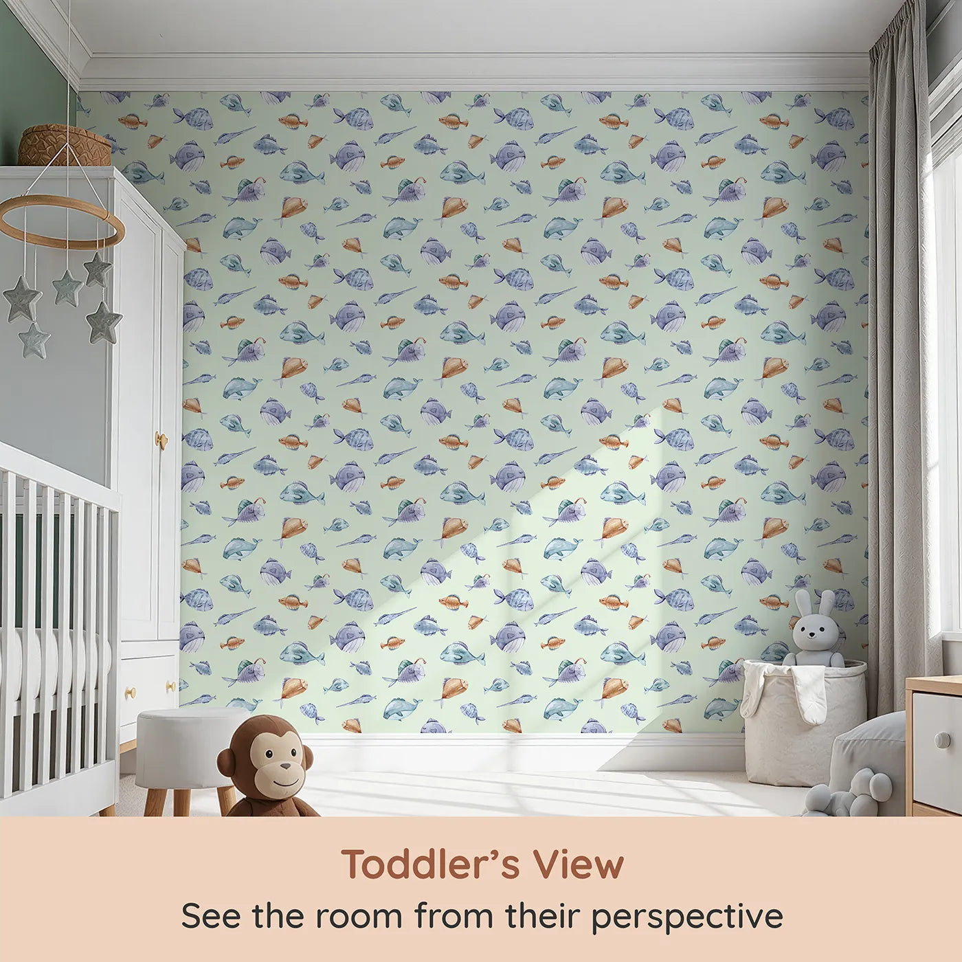 Whimsy Tots Dreamy Fish Parade Wallpaper in Green (W3337D) from your child's view.Sleepy watercolor fish drift across a fresh minty sea.