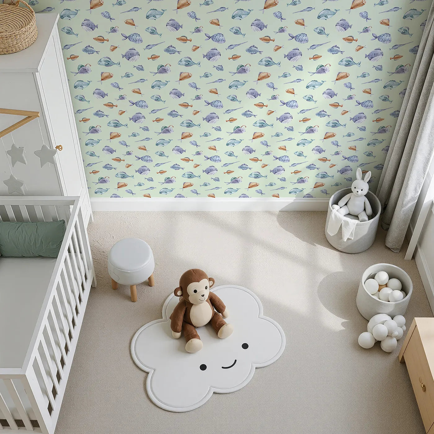 Top-Down view of Whimsy Tots' Dreamy Fish Parade Wallpaper in Green (W3337D).Sleepy watercolor fish drift across a fresh minty sea.