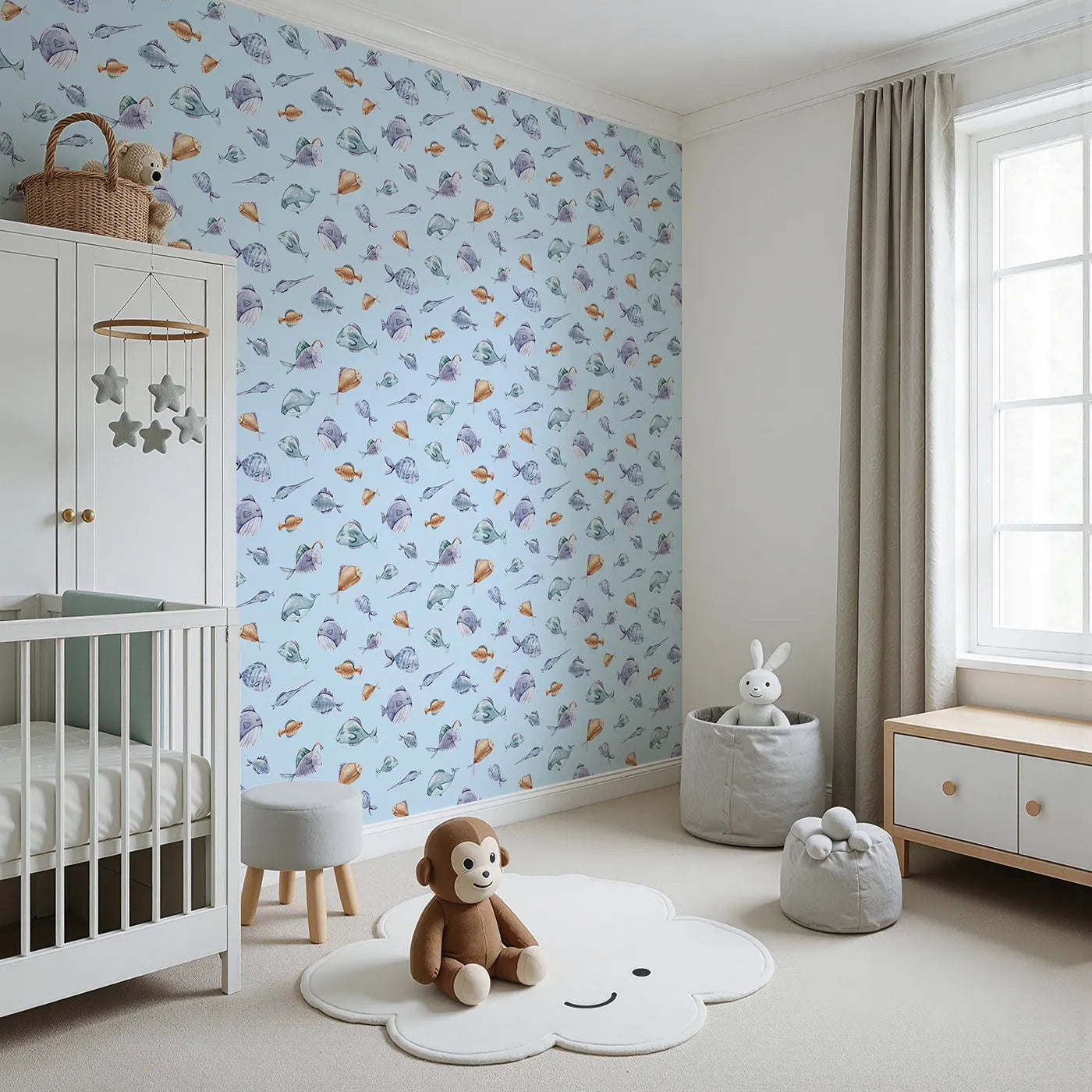 Angled view of Whimsy Tots' Dreamy Fish Parade Wallpaper in Sky Blue (W3337E).Sleepy fish float peacefully through a sky-blue underwater world.