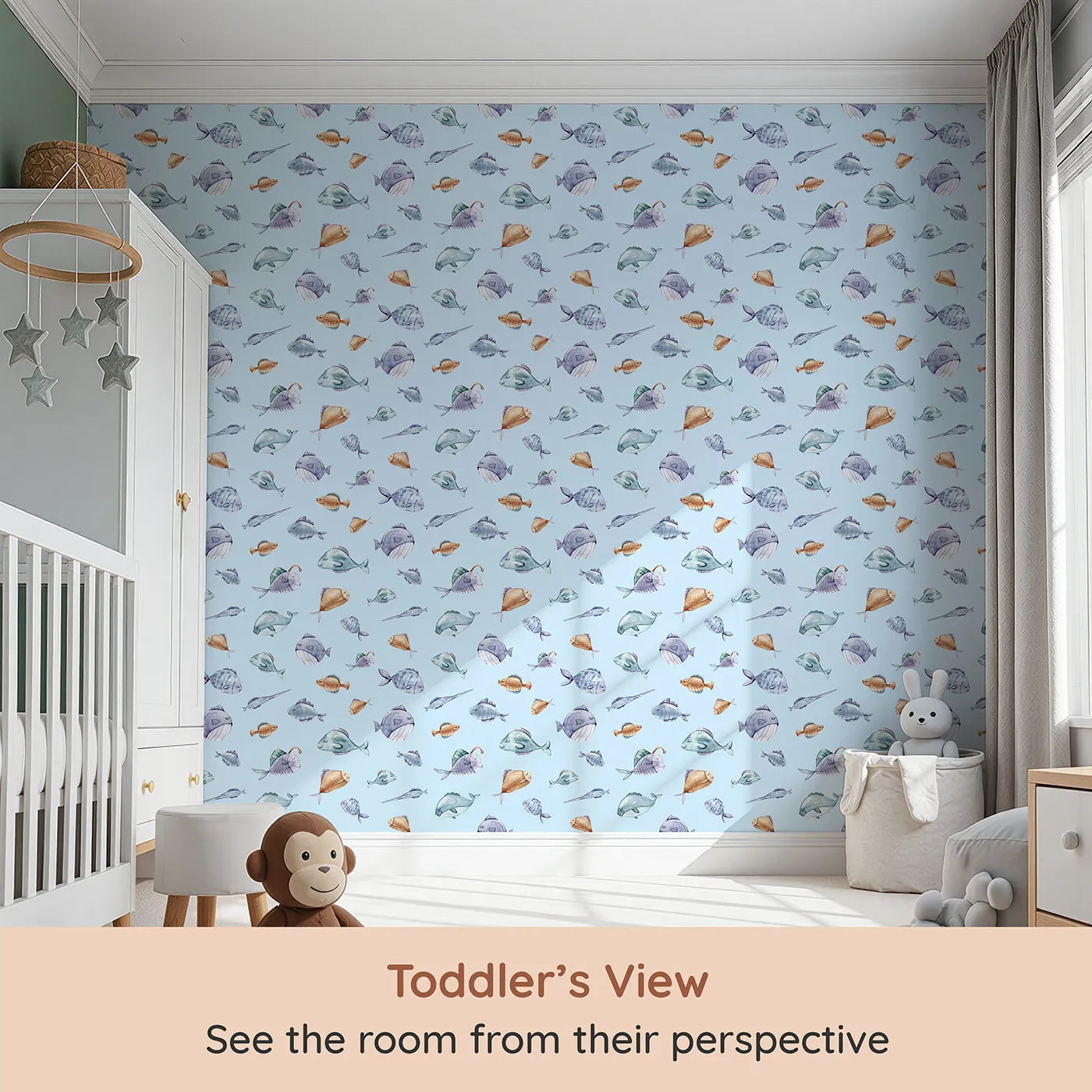 Whimsy Tots Dreamy Fish Parade Wallpaper in Sky Blue (W3337E) from your child's view.Sleepy fish float peacefully through a sky-blue underwater world.