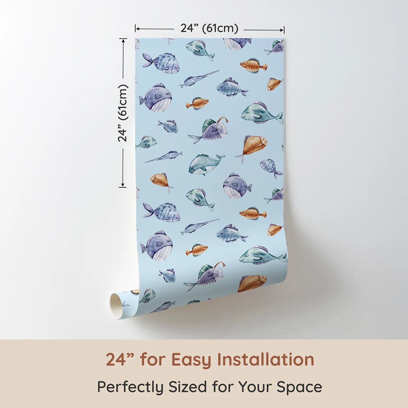 Dimension view of Whimsy Tots Dreamy Fish Parade Wallpaper in Sky Blue (W3337E). Printed in 24-inch-wide panel for easy installation. Sleepy fish float peacefully through a sky-blue underwater world.