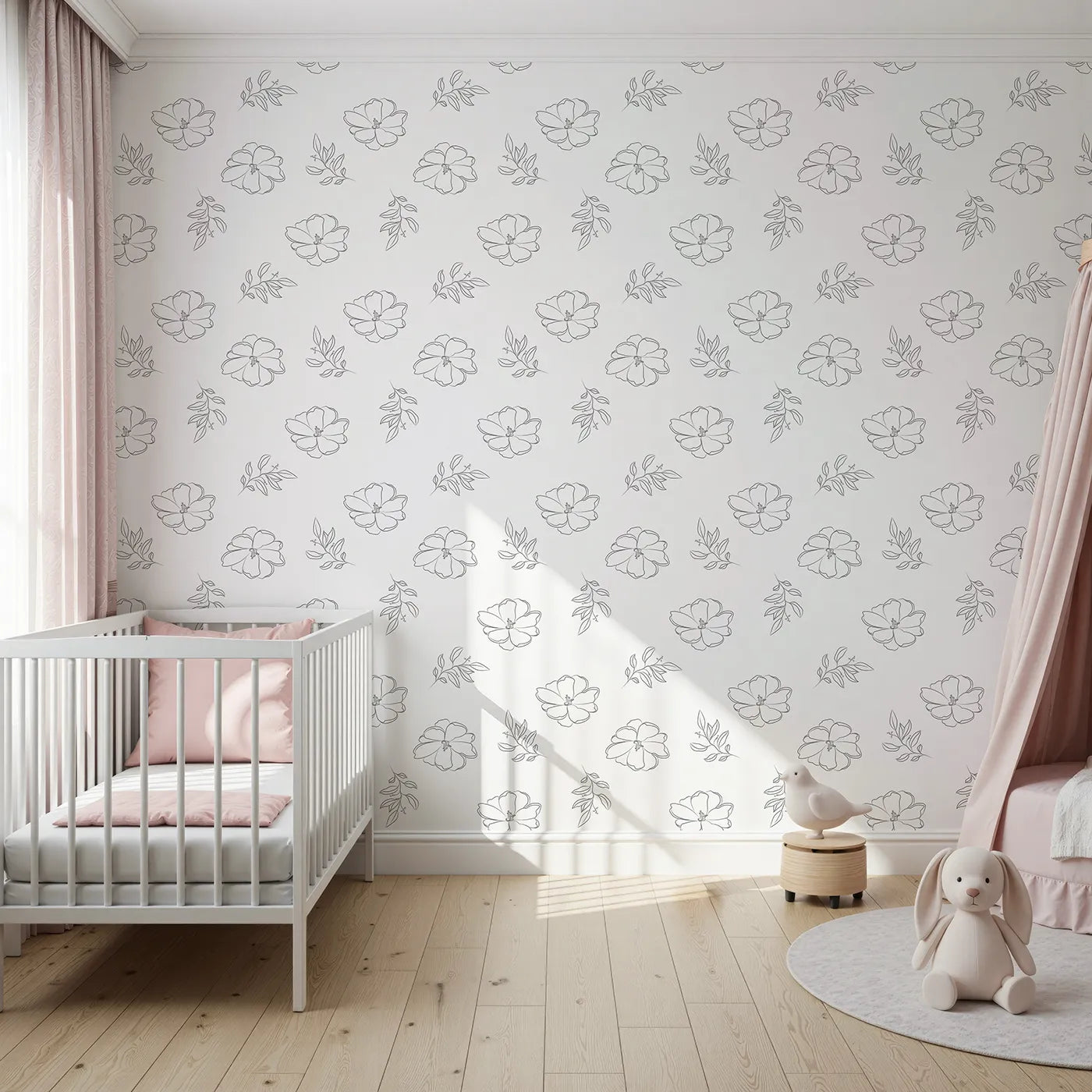 Front view of Whimsy Tots' Line Art Camellia Wallpaper in White