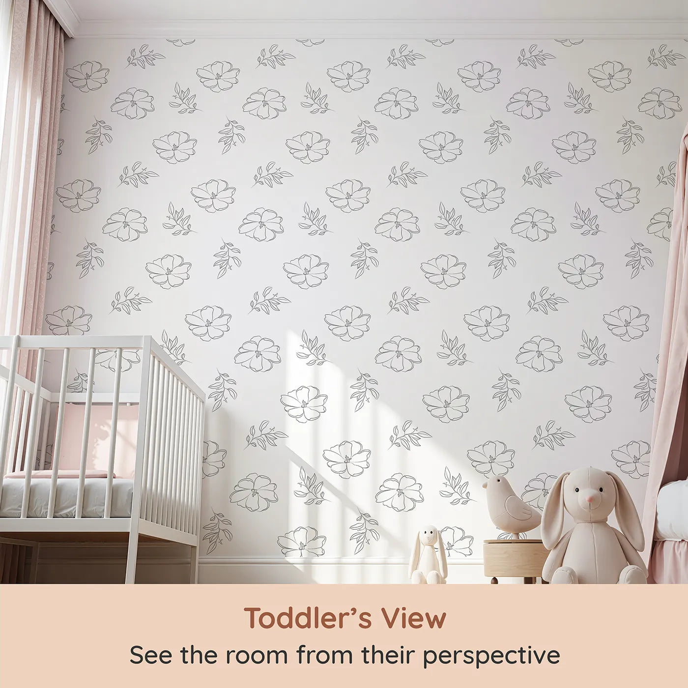 Whimsy Tots Line Art Camellia Wallpaper in White (W3338A) from your child's view.Graceful camellia blooms and leafy branches flow in quiet beauty.
