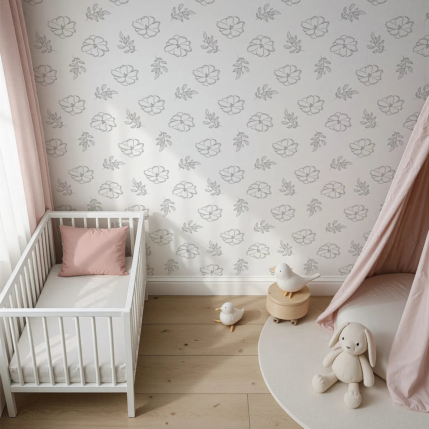 Top-Down view of Whimsy Tots' Line Art Camellia Wallpaper in White (W3338A).Graceful camellia blooms and leafy branches flow in quiet beauty.
