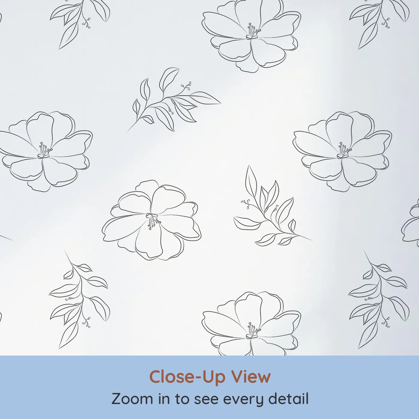 Close-up view of Whimsy Tots' Line Art Camellia Wallpaper in White (W3338A).Graceful camellia blooms and leafy branches flow in quiet beauty.