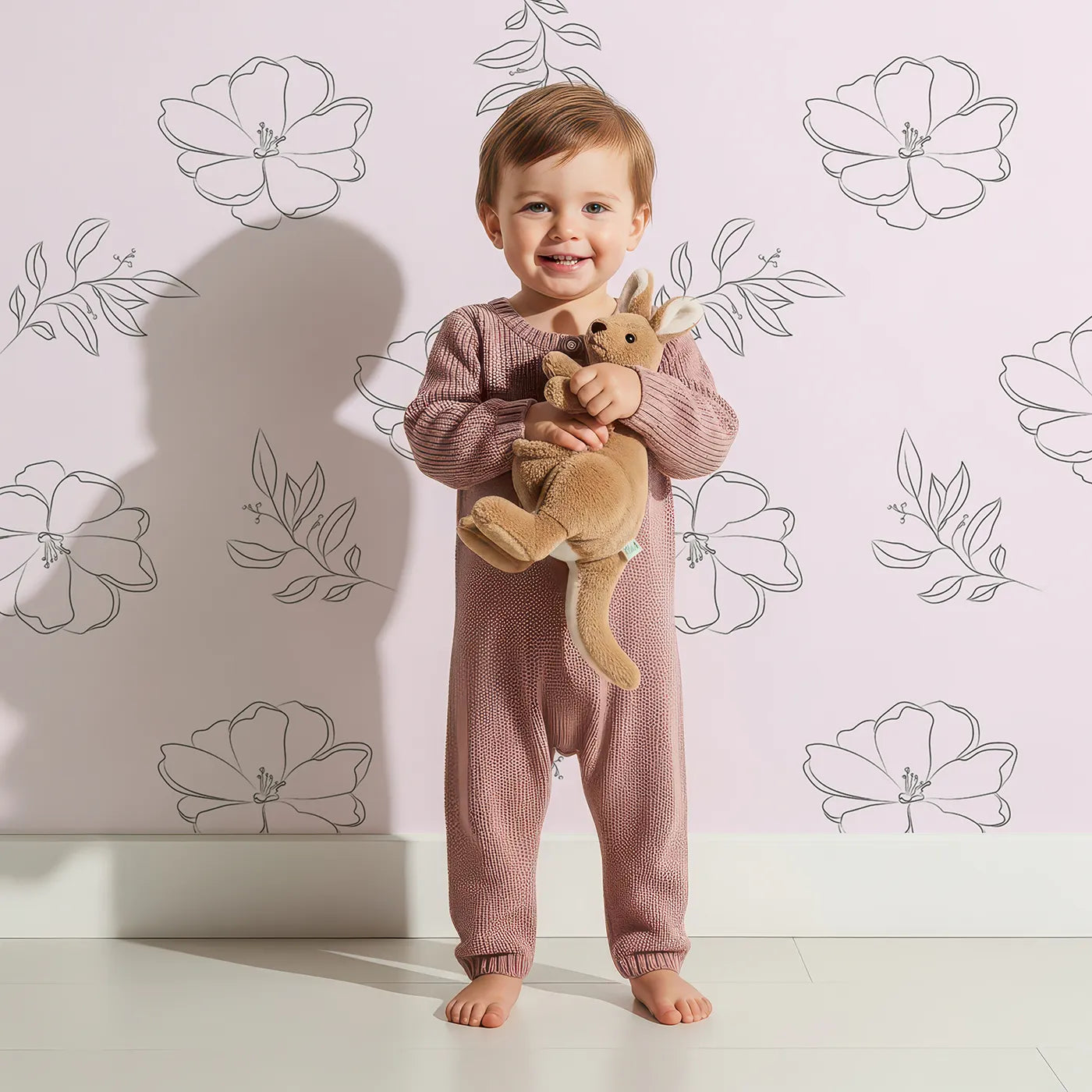 Lovely child standing in front of Whimsy Tots Line Art Camellia Wallpaper in Blush Pink with flower, camellia, lineart, leaf in design.
