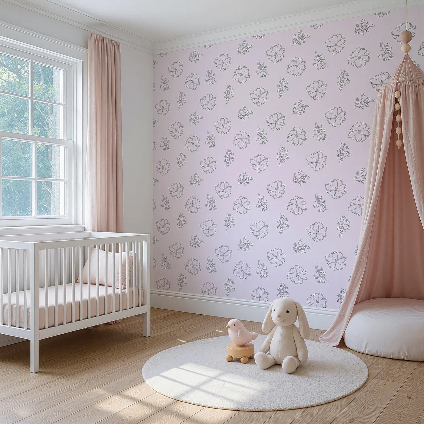 Angled view of Whimsy Tots' Line Art Camellia Wallpaper in Blush Pink (W3338B).Line-drawn camellias bloom gently over a soothing blush background.