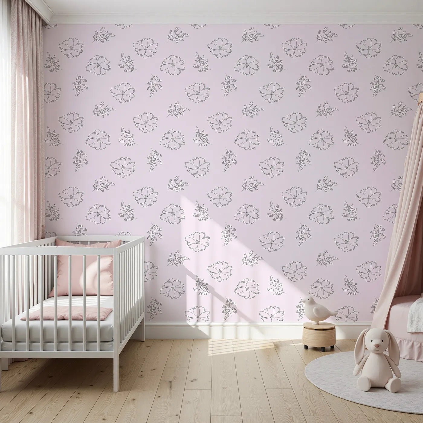 Front view of Whimsy Tots' Line Art Camellia Wallpaper in Blush Pink
