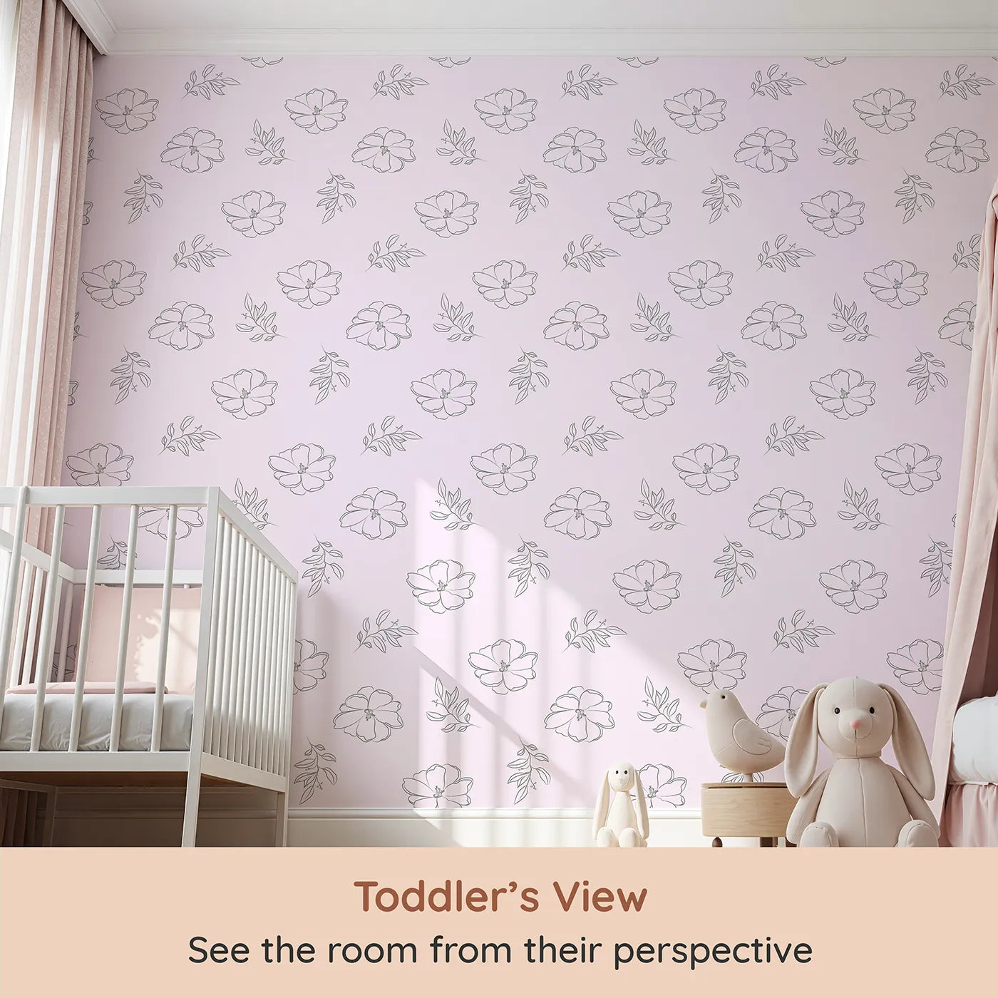 Whimsy Tots Line Art Camellia Wallpaper in Blush Pink (W3338B) from your child's view.Line-drawn camellias bloom gently over a soothing blush background.