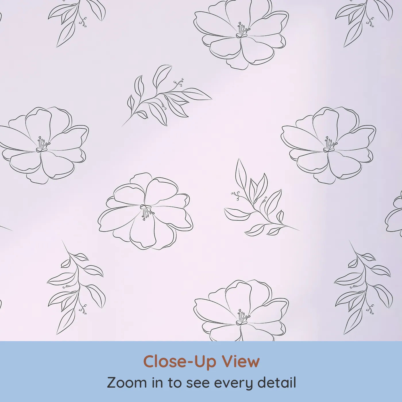 Close-up view of Whimsy Tots' Line Art Camellia Wallpaper in Blush Pink (W3338B).Line-drawn camellias bloom gently over a soothing blush background.