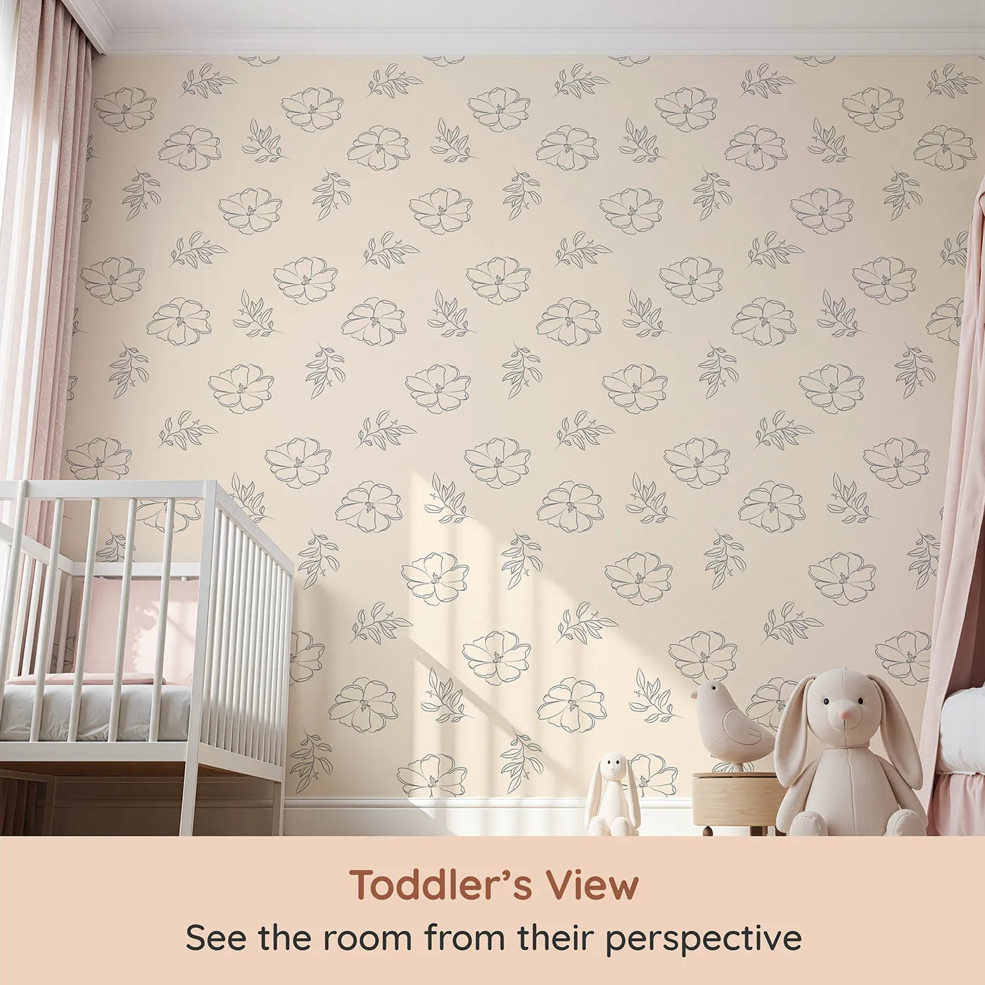 Whimsy Tots Line Art Camellia Wallpaper in Cream (W3338C) from your child's view.Camellia blooms and leaves float gently over a warm cream backdrop.