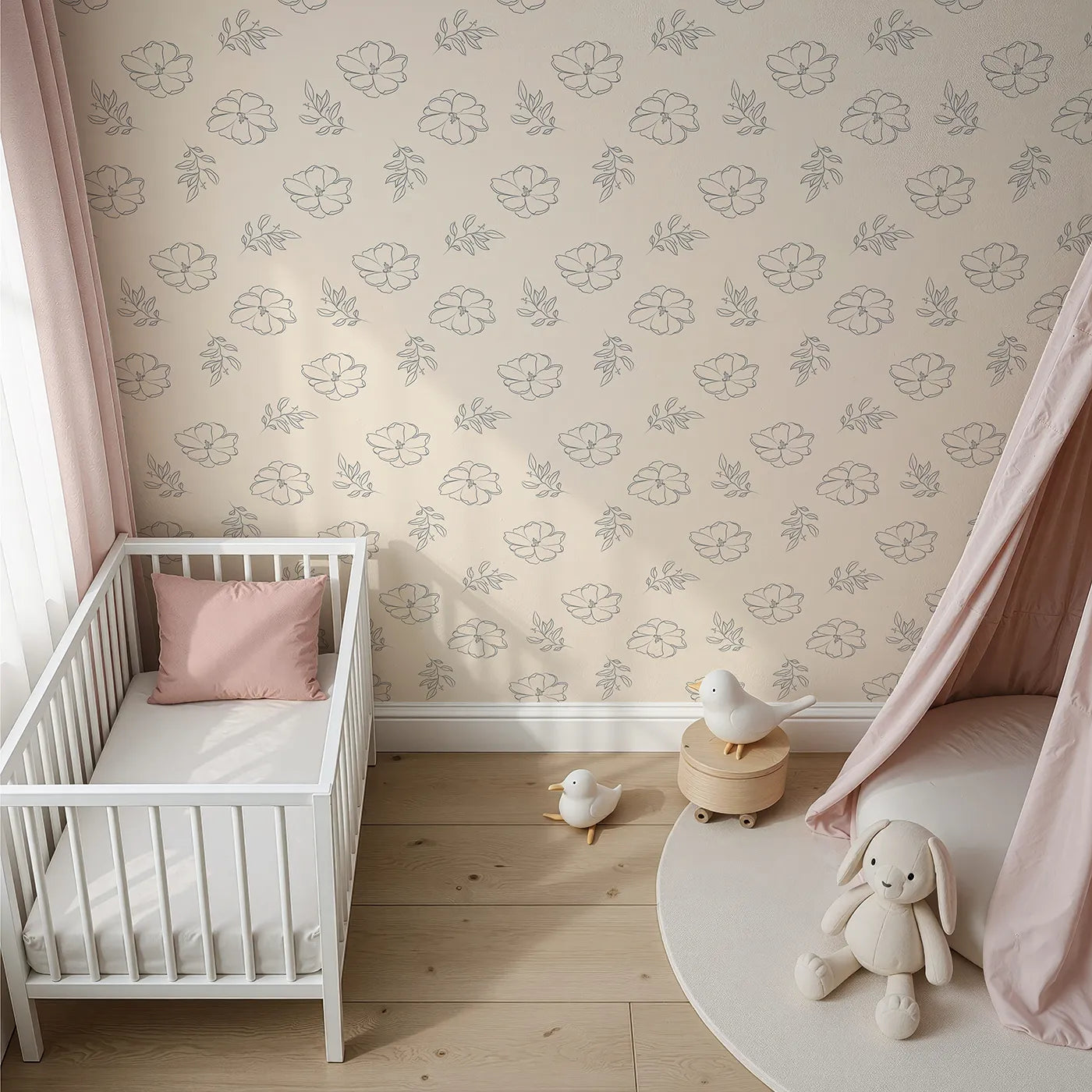 Top-Down view of Whimsy Tots' Line Art Camellia Wallpaper in Cream (W3338C).Camellia blooms and leaves float gently over a warm cream backdrop.