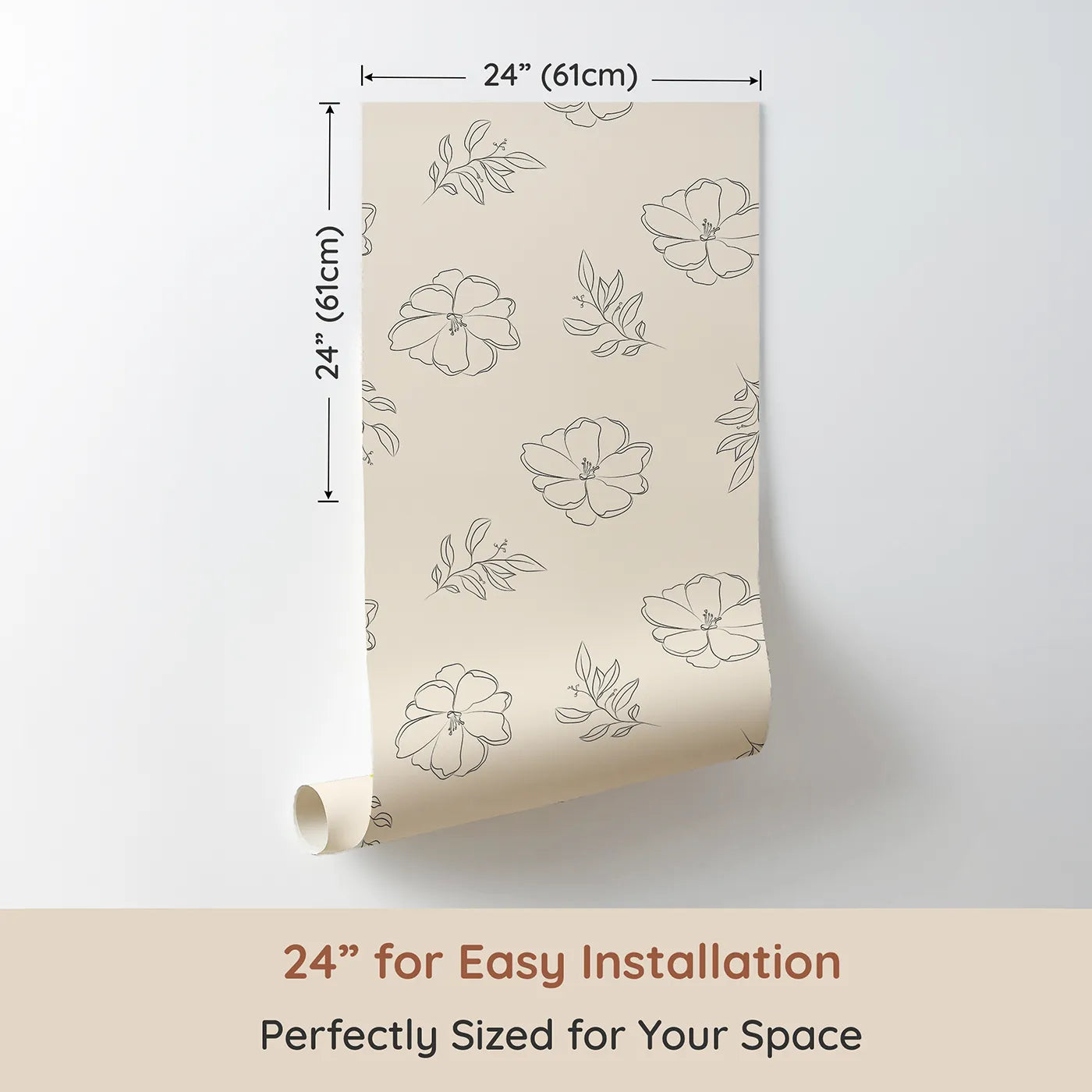 Dimension view of Whimsy Tots Line Art Camellia Wallpaper in Cream (W3338C). Printed in 24-inch-wide panel for easy installation. Camellia blooms and leaves float gently over a warm cream backdrop.