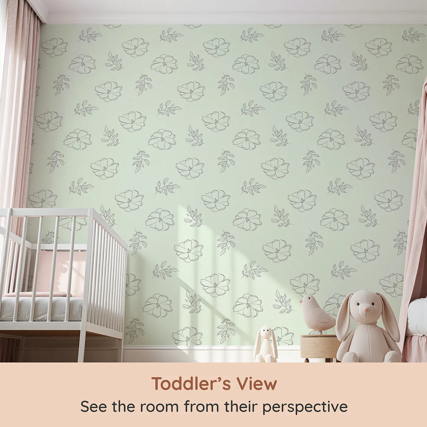 Whimsy Tots Line Art Camellia Wallpaper in Mint Green (W3338D) from your child's view.Elegant floral line art blooms gently across a soft mint canvas.