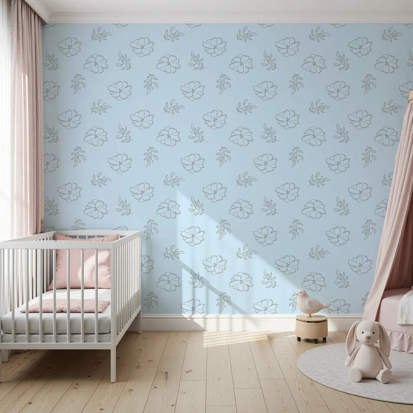 Front view of Whimsy Tots' Line Art Camellia Wallpaper in Sky