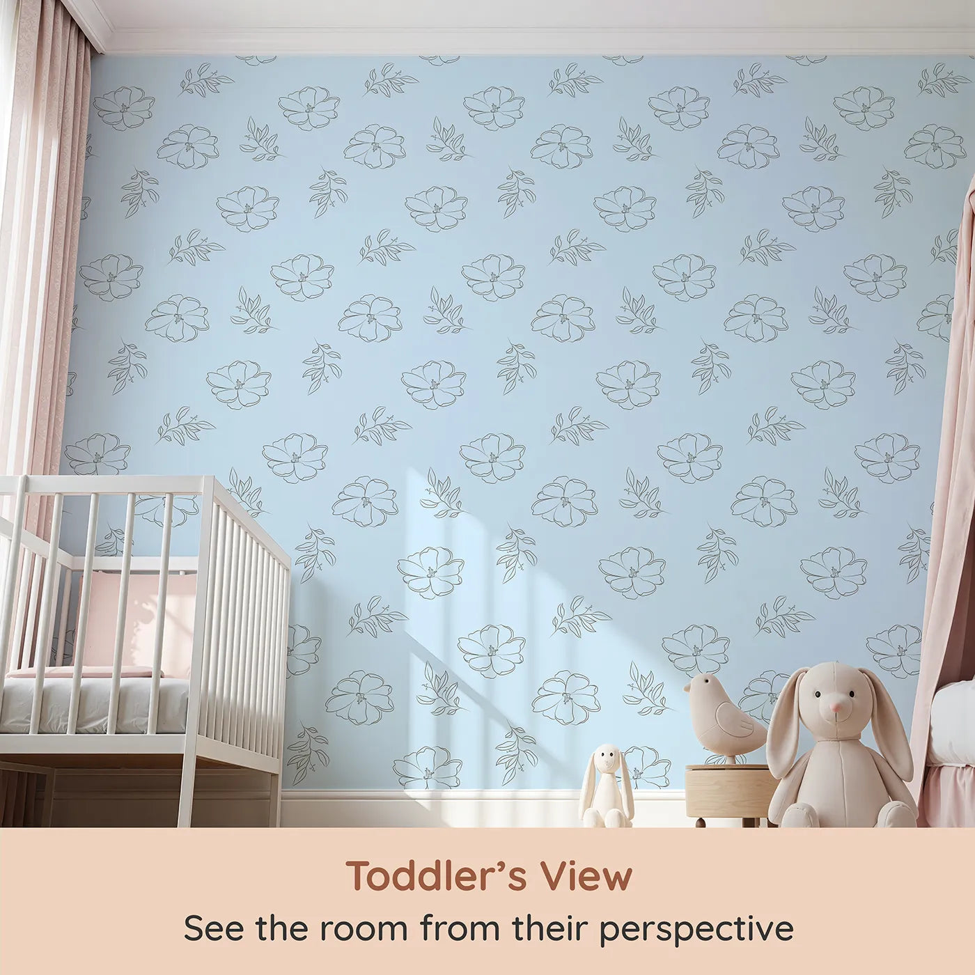 Whimsy Tots Line Art Camellia Wallpaper in Sky (W3338E) from your child's view.Line-drawn camellias drift softly across a sky-blue backdrop.