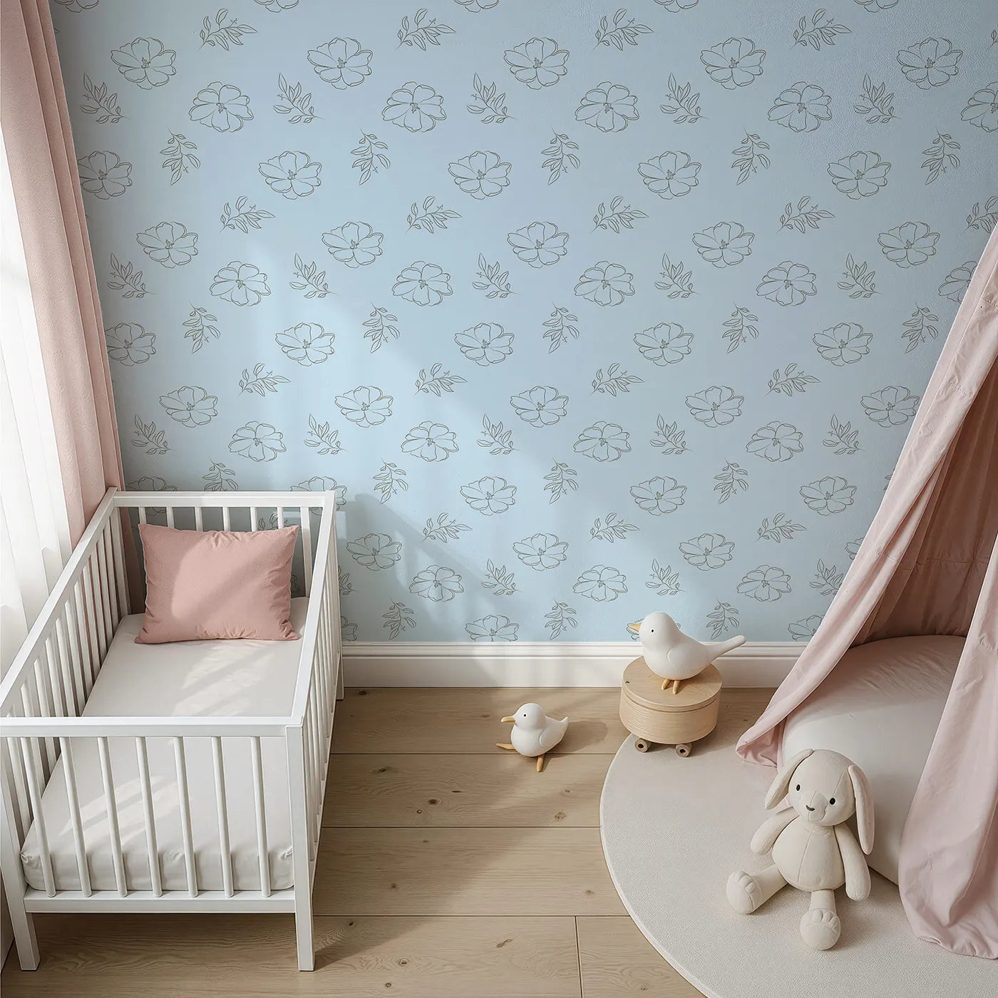 Top-Down view of Whimsy Tots' Line Art Camellia Wallpaper in Sky (W3338E).Line-drawn camellias drift softly across a sky-blue backdrop.