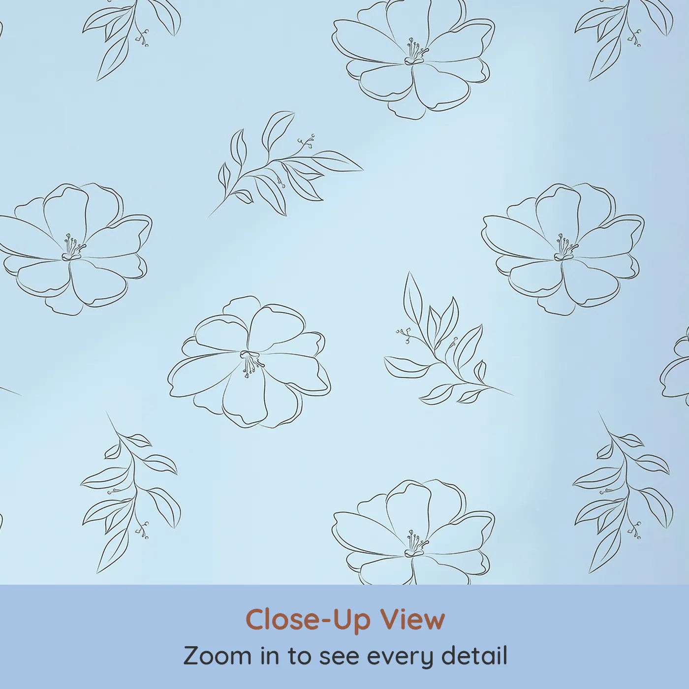 Close-up view of Whimsy Tots' Line Art Camellia Wallpaper in Sky (W3338E).Line-drawn camellias drift softly across a sky-blue backdrop.