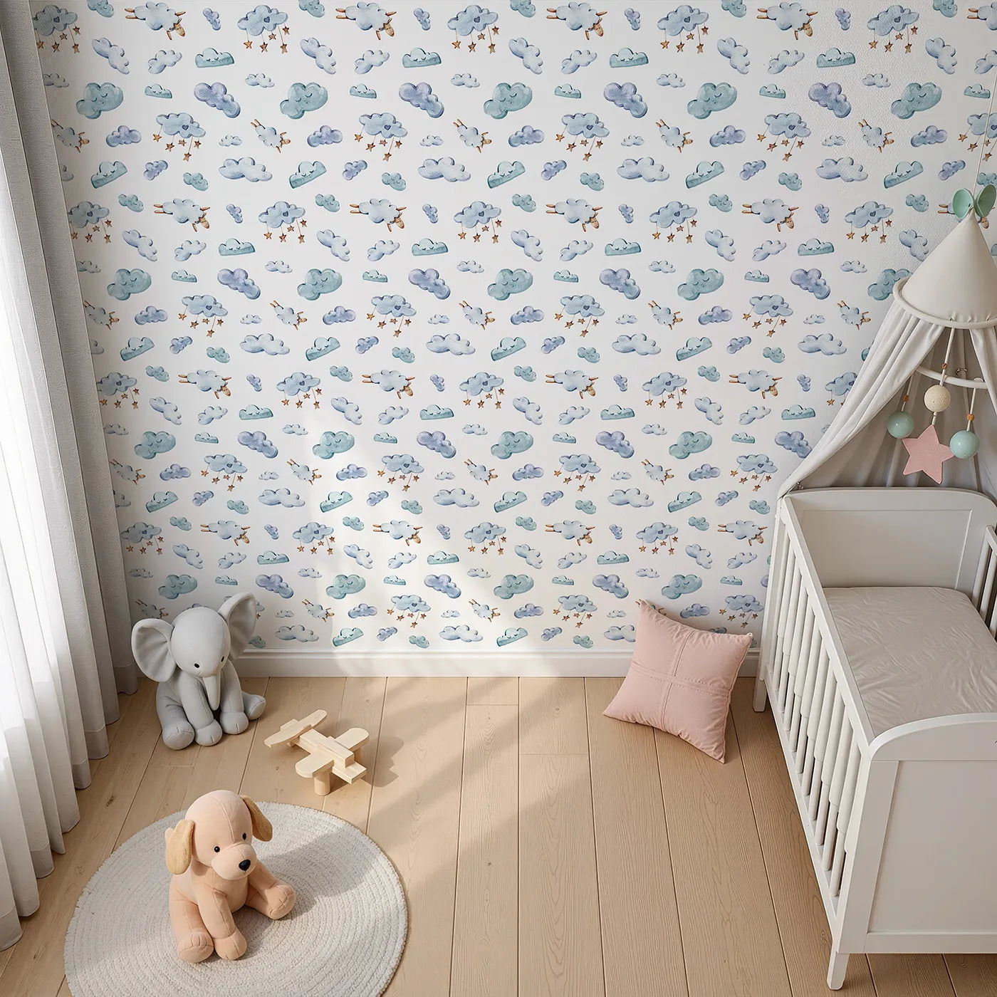 Top-Down view of Whimsy Tots' Counting Cloud Sheep Wallpaper in White (W3339A).Sleepy clouds and fluffy sheep drift gently through watercolor skies.