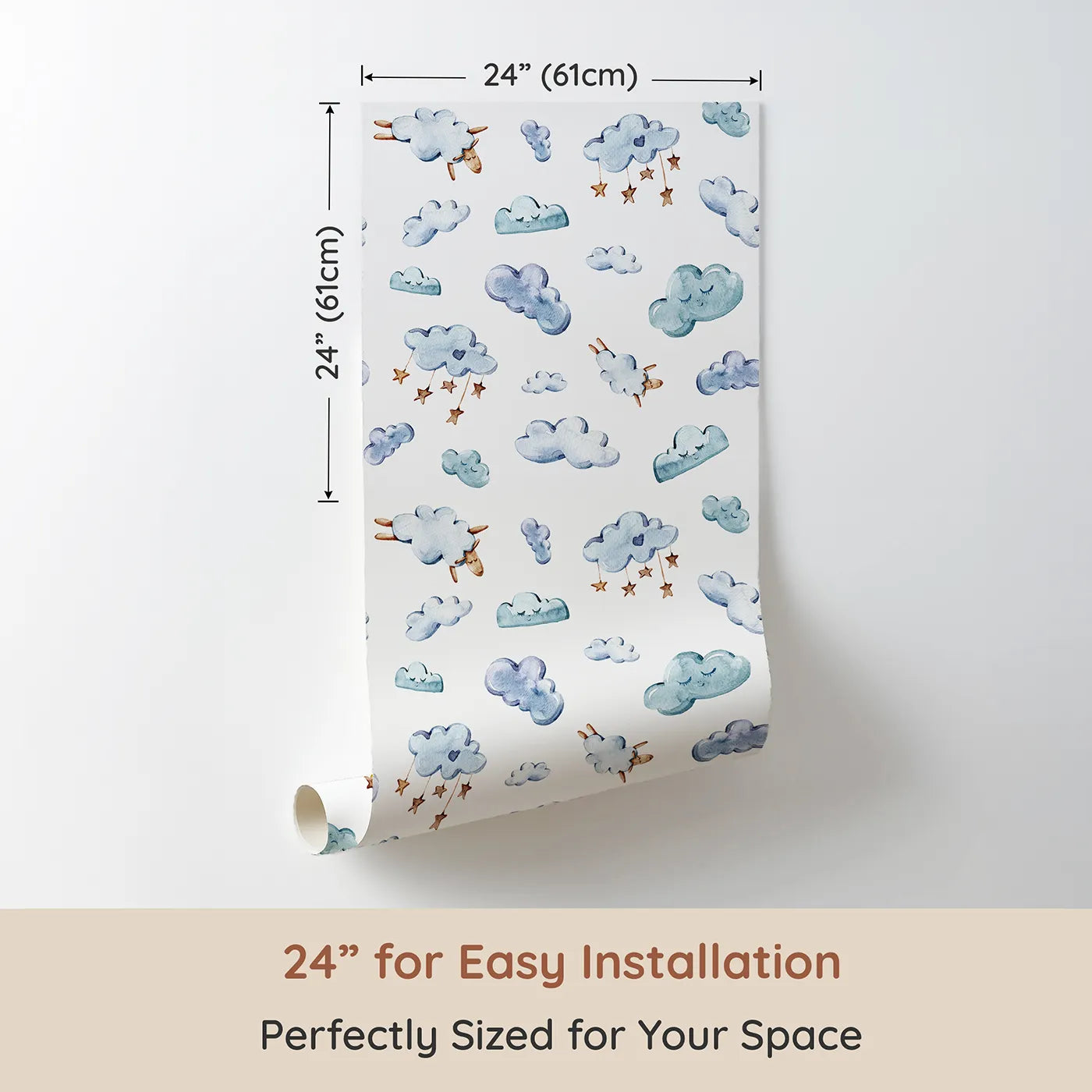 Dimension view of Whimsy Tots Counting Cloud Sheep Wallpaper in White (W3339A). Printed in 24-inch-wide panel for easy installation. Sleepy clouds and fluffy sheep drift gently through watercolor skies.