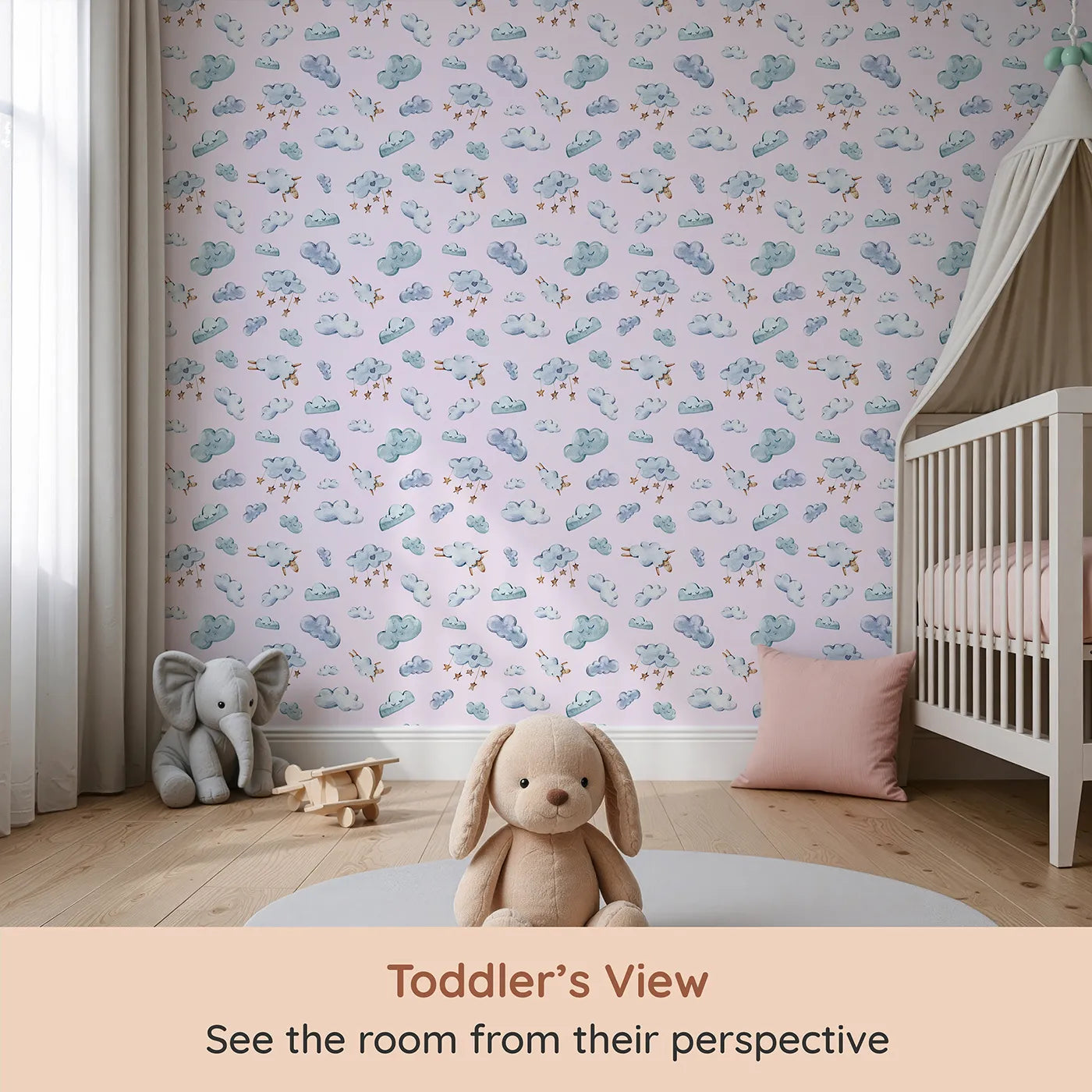 Whimsy Tots Counting Cloud Sheep Wallpaper in Blush Pink (W3339B) from your child's view.Watercolor clouds and floating sheep rest on a gentle blush backdrop.