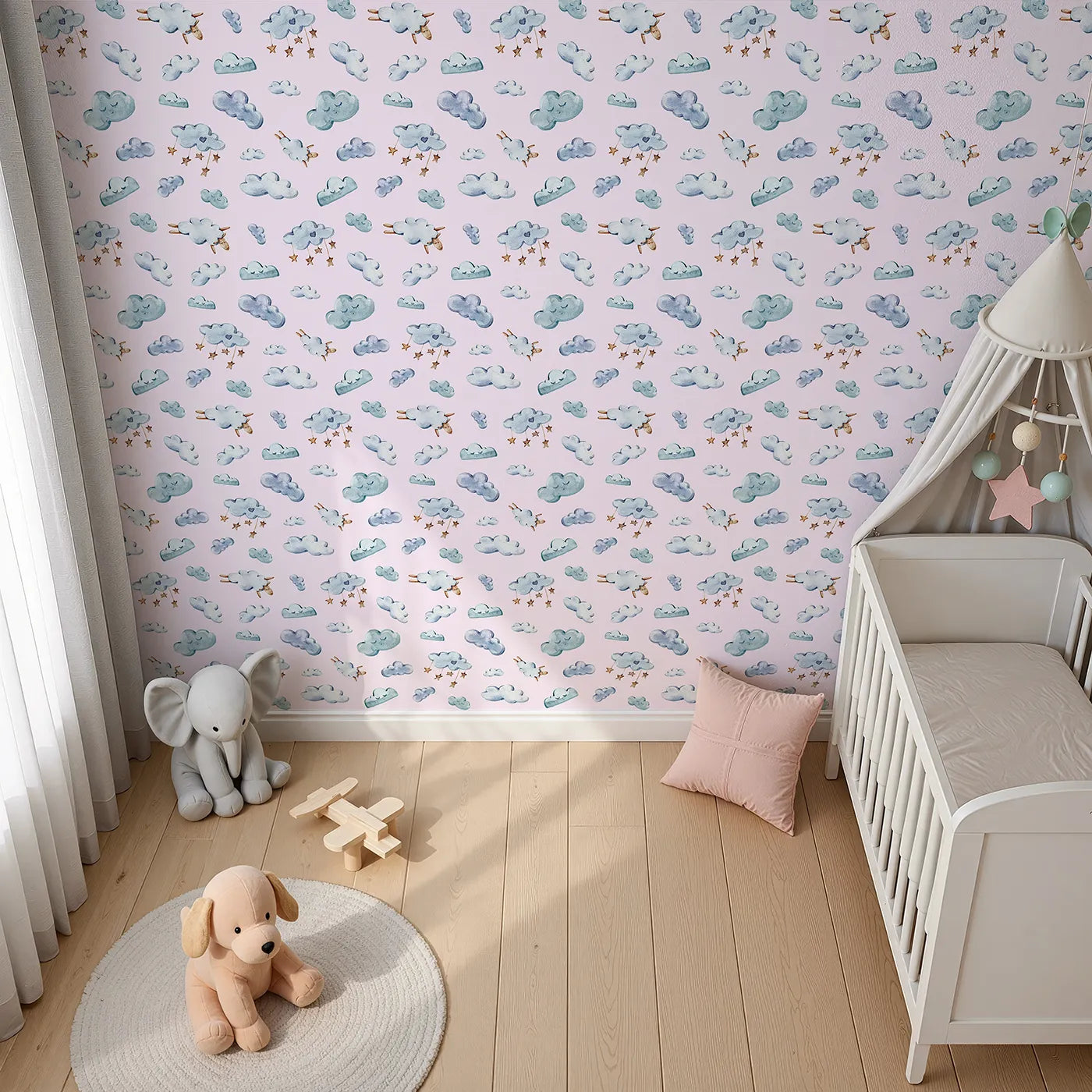 Top-Down view of Whimsy Tots' Counting Cloud Sheep Wallpaper in Blush Pink (W3339B).Watercolor clouds and floating sheep rest on a gentle blush backdrop.