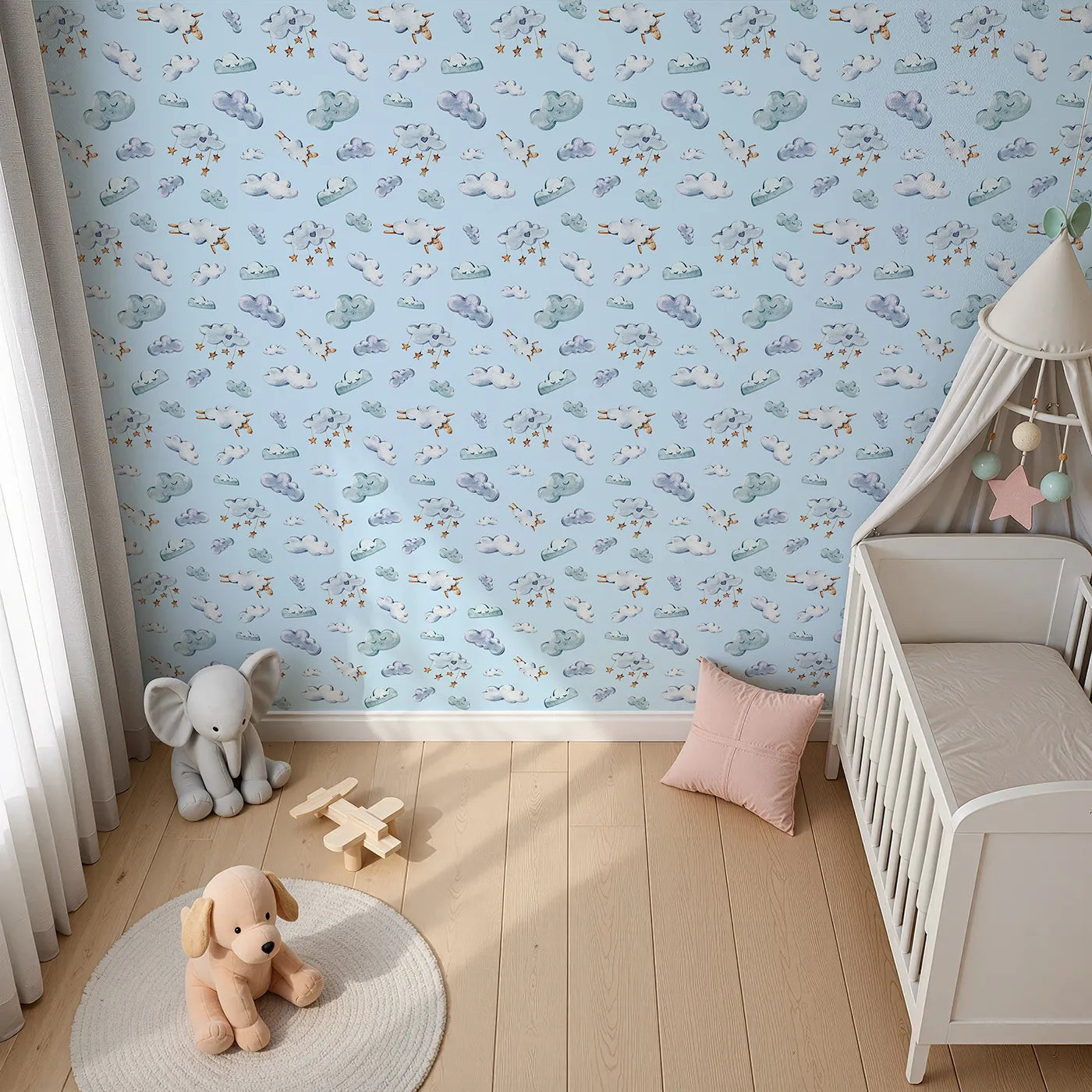 Top-Down view of Whimsy Tots' Counting Cloud Sheep Wallpaper in Sky (W3339E).Watercolor sheep and sleepy clouds float through a peaceful sky blue world.