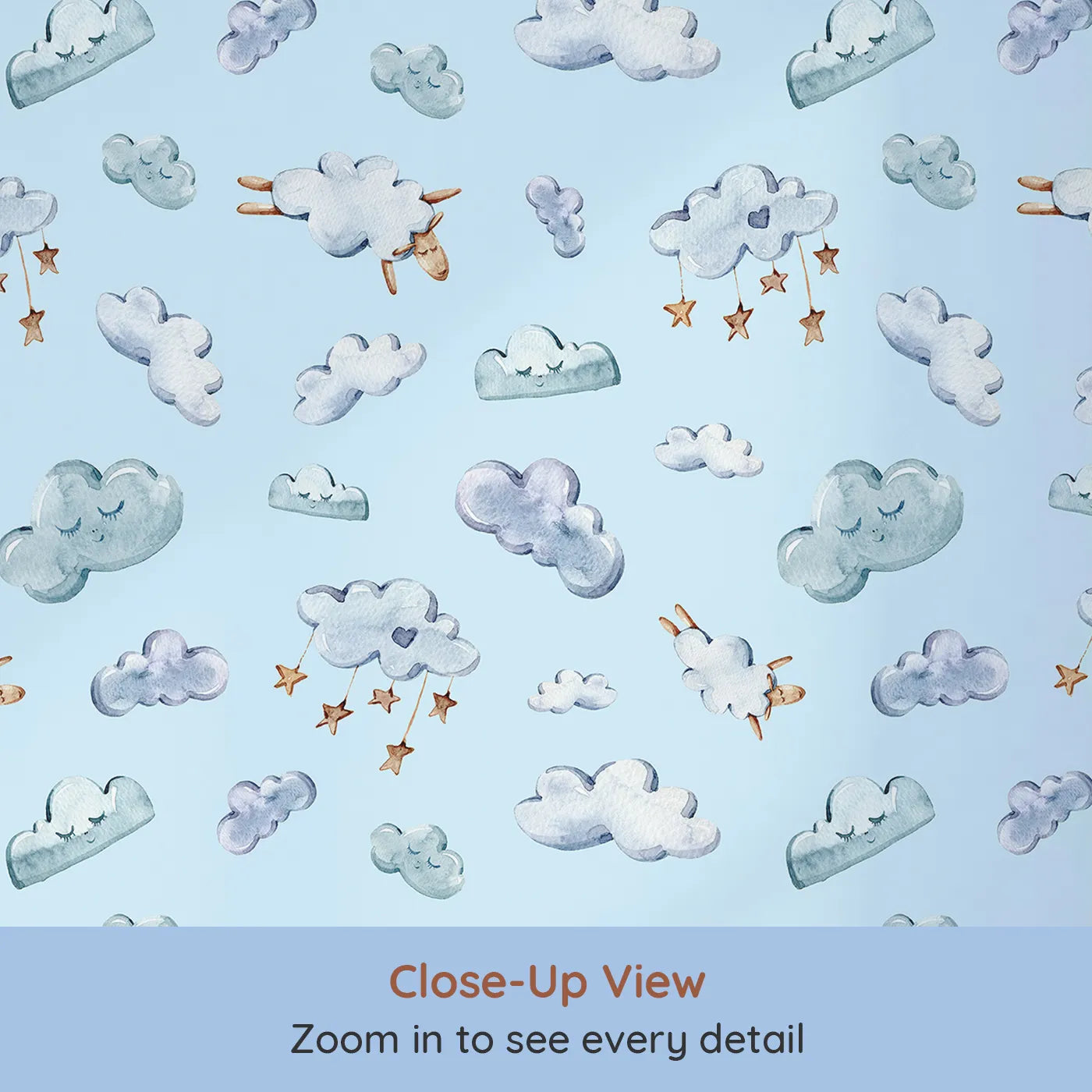 Close-up view of Whimsy Tots' Counting Cloud Sheep Wallpaper in Sky (W3339E).Watercolor sheep and sleepy clouds float through a peaceful sky blue world.