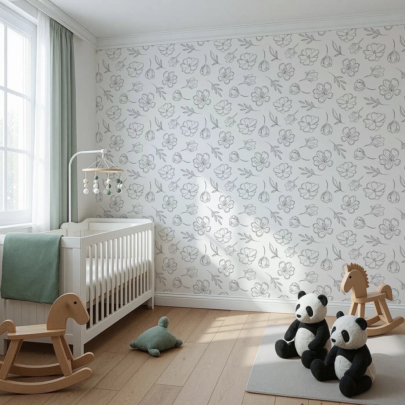 Angled view of Whimsy Tots' Line Art Bloom Wallpaper in White (W3340A).A graceful bouquet of outlined blossoms dances across crisp white skies.