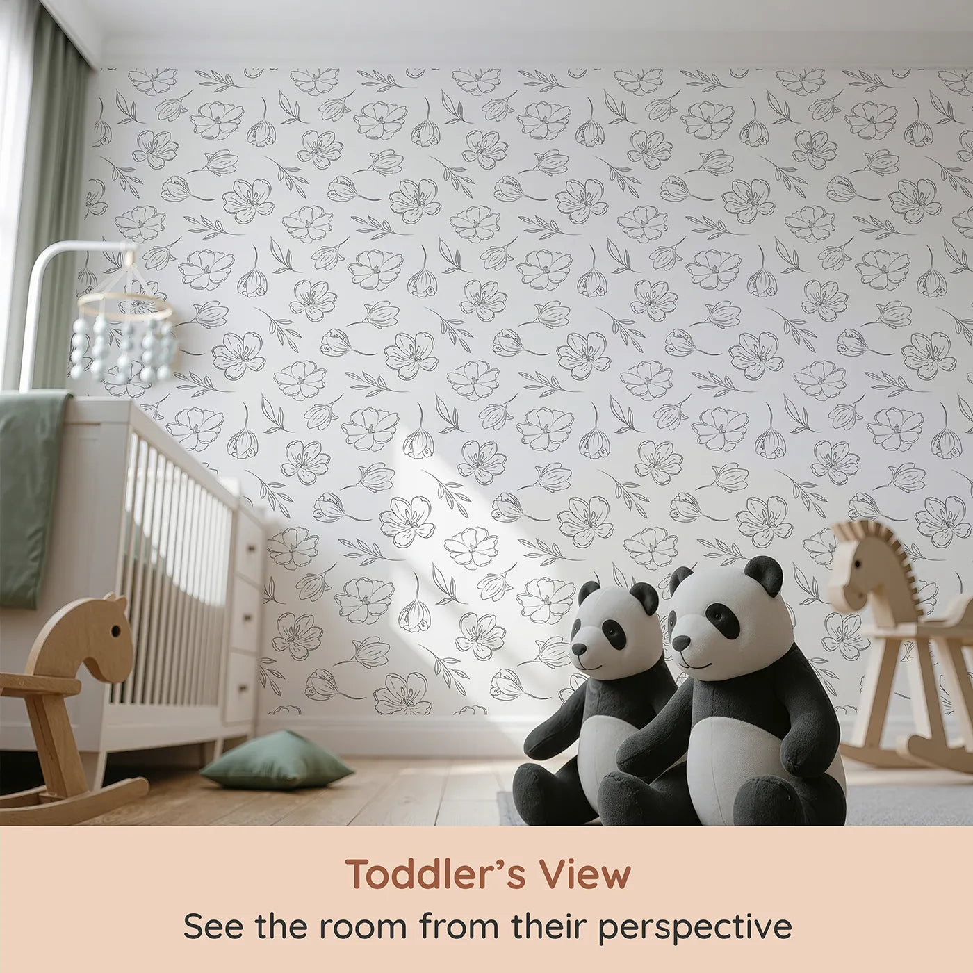 Whimsy Tots Line Art Bloom Wallpaper in White (W3340A) from your child's view.A graceful bouquet of outlined blossoms dances across crisp white skies.