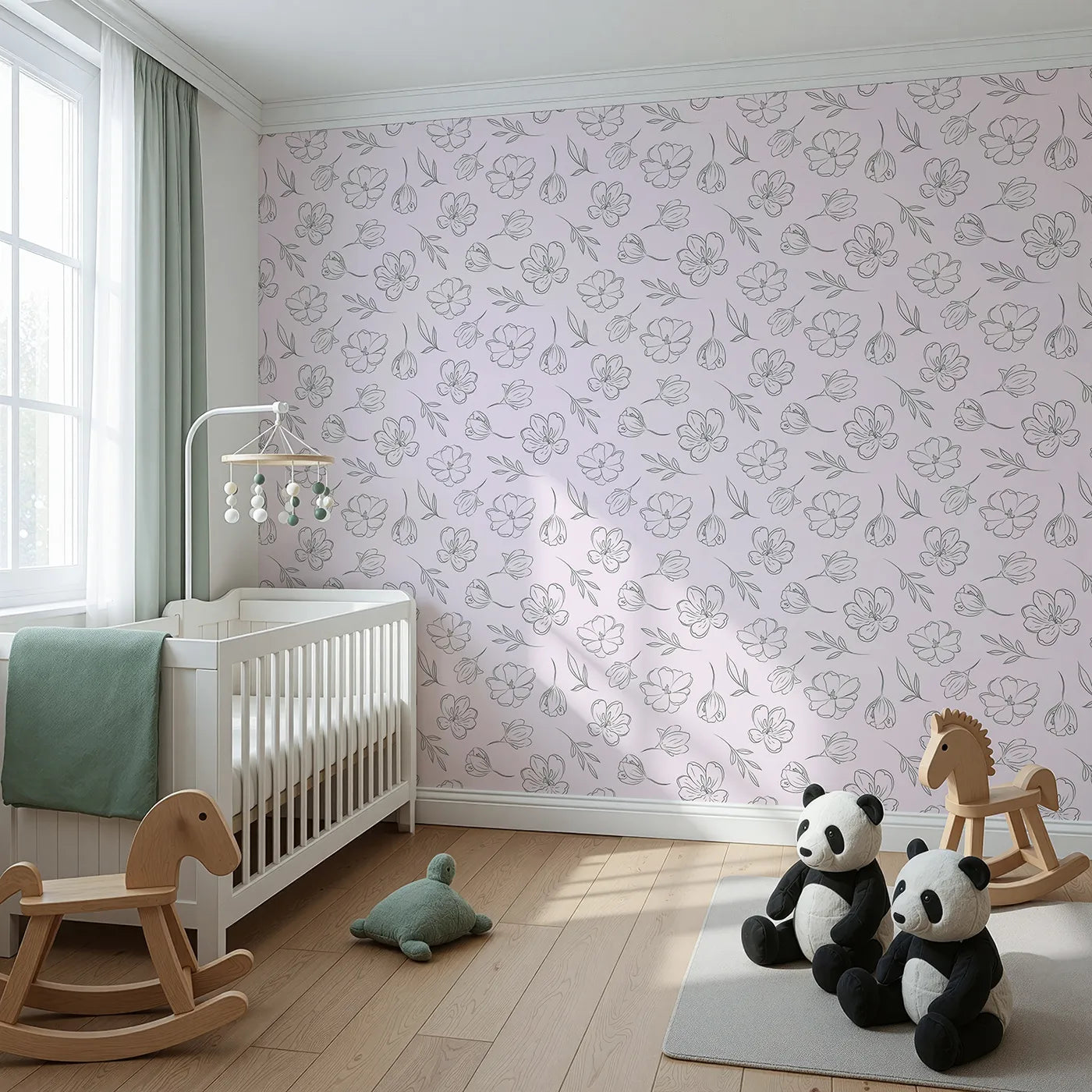 Angled view of Whimsy Tots' Line Art Bloom Wallpaper in Blush Pink (W3340B).A graceful bouquet of line-drawn flowers flows across blush pink skies.