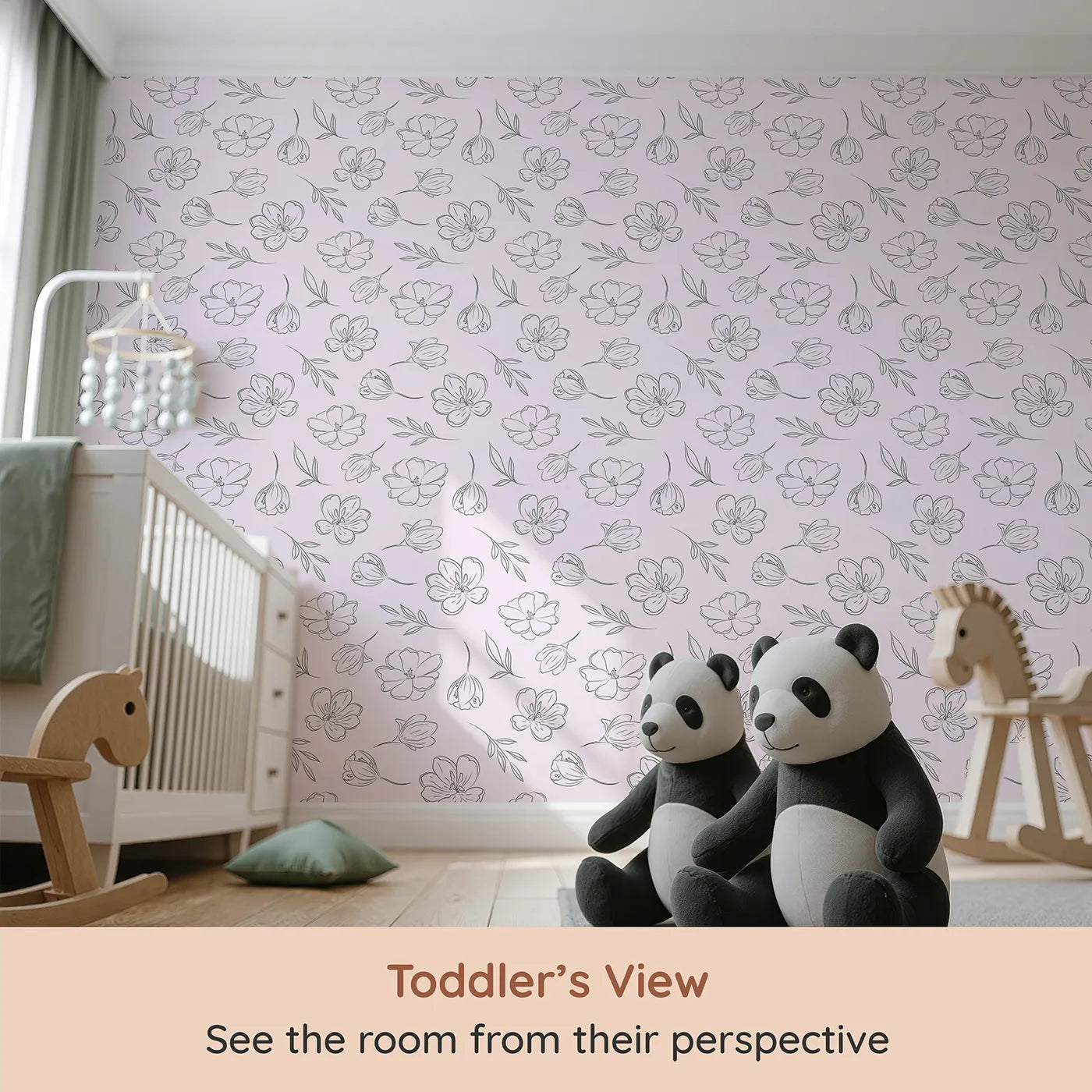 Whimsy Tots Line Art Bloom Wallpaper in Blush Pink (W3340B) from your child's view.A graceful bouquet of line-drawn flowers flows across blush pink skies.