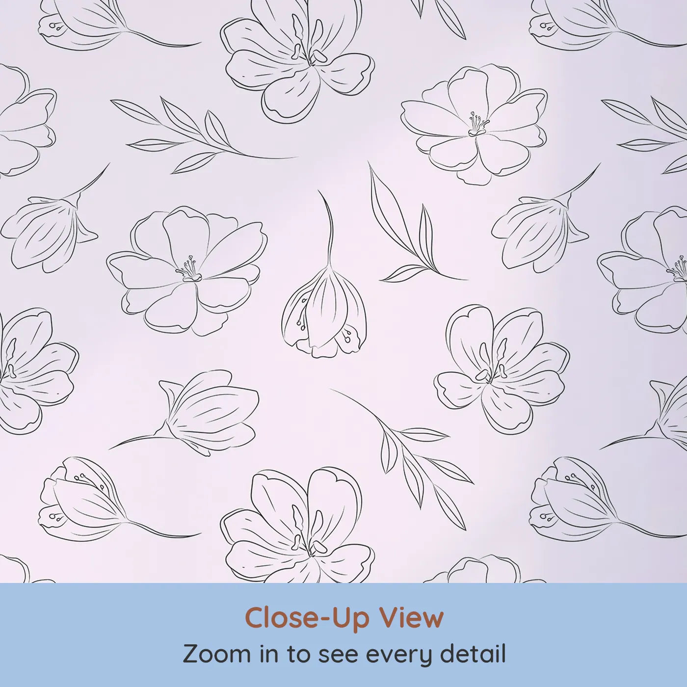 Close-up view of Whimsy Tots' Line Art Bloom Wallpaper in Blush Pink (W3340B).A graceful bouquet of line-drawn flowers flows across blush pink skies.