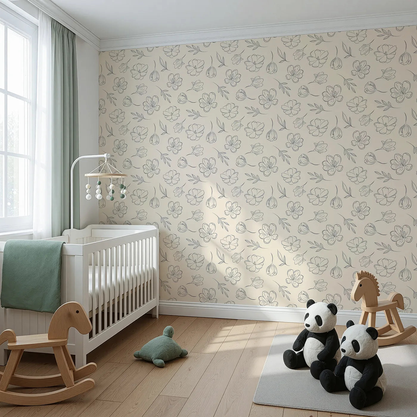 Angled view of Whimsy Tots' Line Art Bloom Wallpaper in Cream (W3340C).Elegant blossoms drift softly across a warm cream sky.