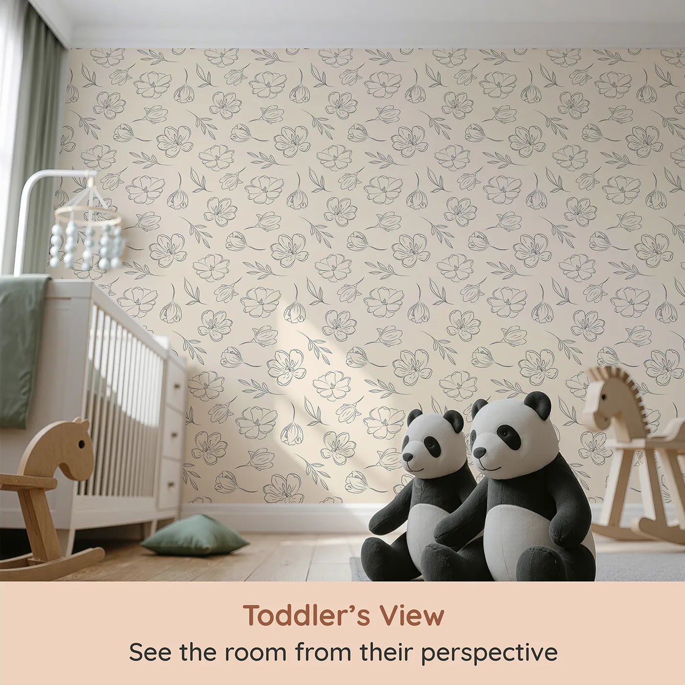 Whimsy Tots Line Art Bloom Wallpaper in Cream (W3340C) from your child's view.Elegant blossoms drift softly across a warm cream sky.