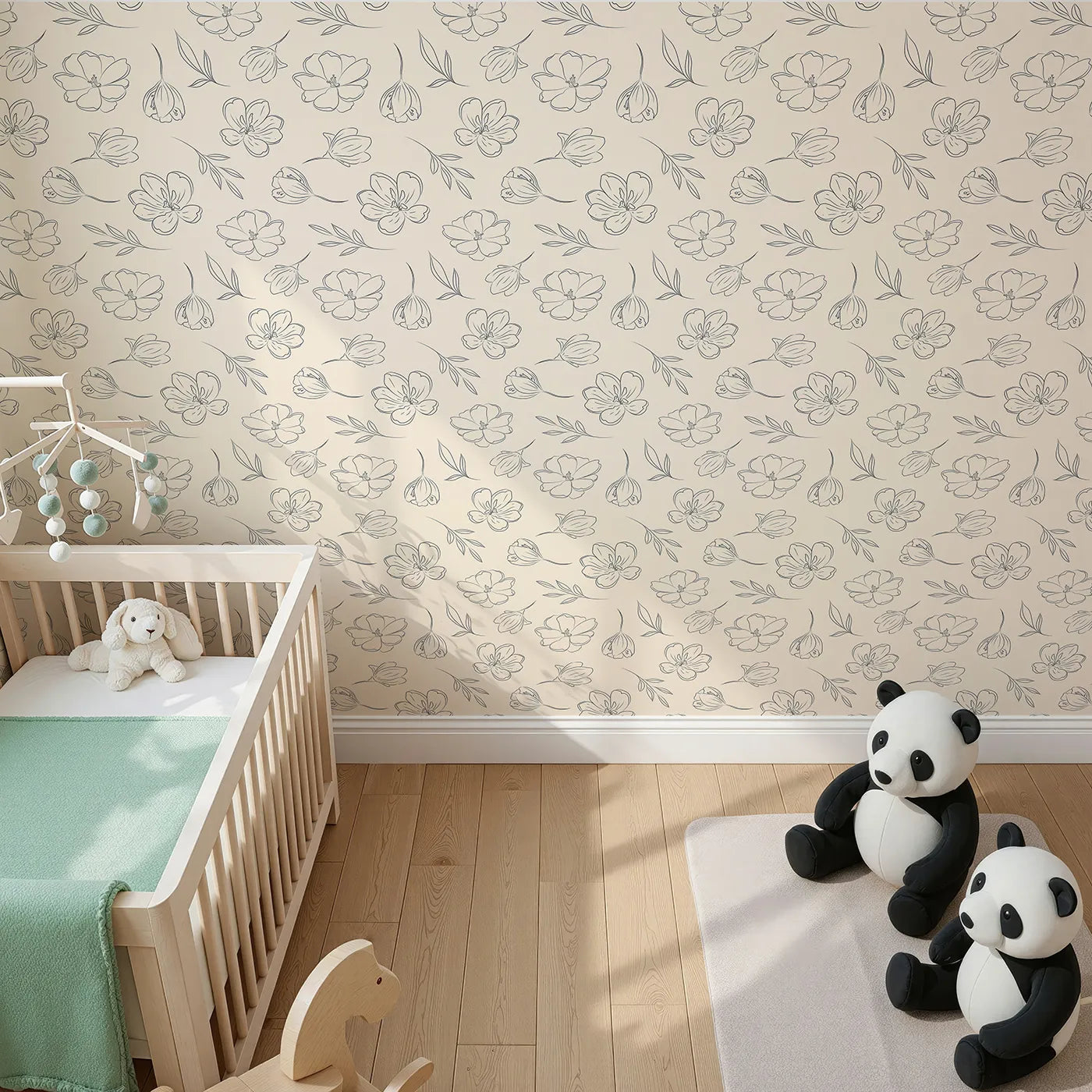 Top-Down view of Whimsy Tots' Line Art Bloom Wallpaper in Cream (W3340C).Elegant blossoms drift softly across a warm cream sky.