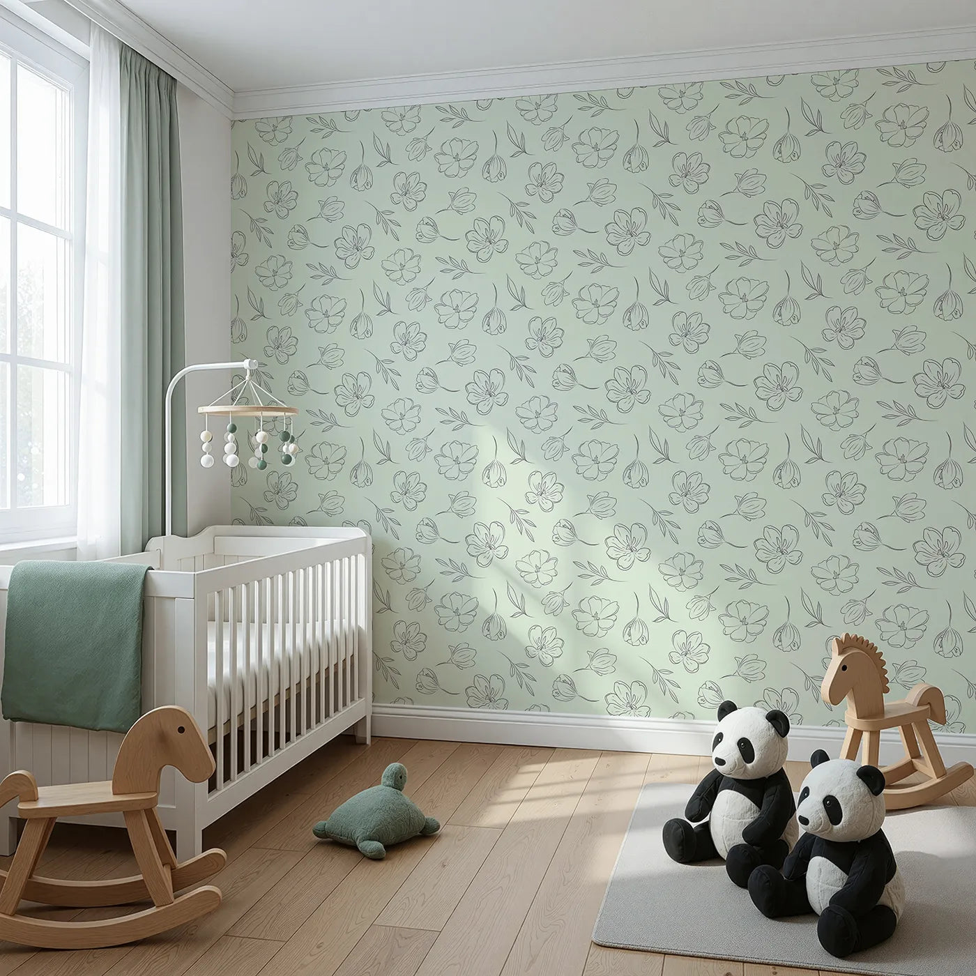 Angled view of Whimsy Tots' Line Art Bloom Wallpaper in Mint Green (W3340D).Soft line-drawn florals float gently across minty green skies.