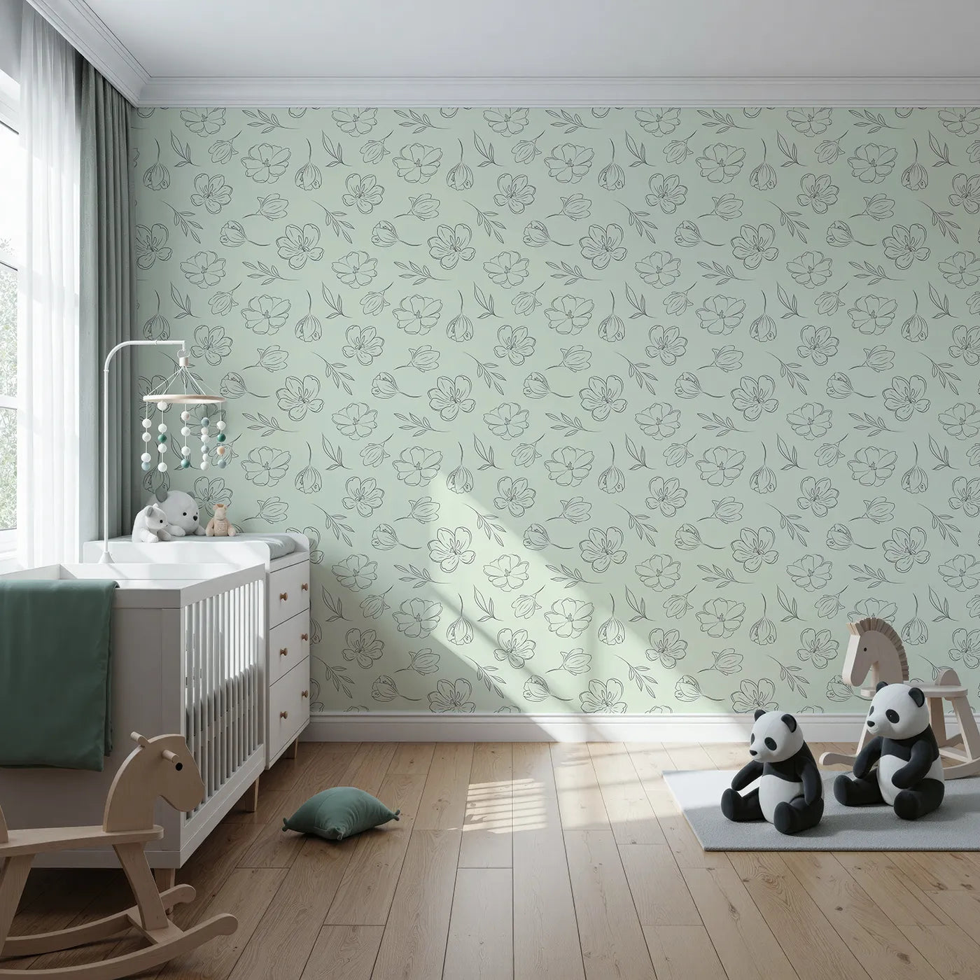 Front view of Whimsy Tots' Line Art Bloom Wallpaper in Mint Green