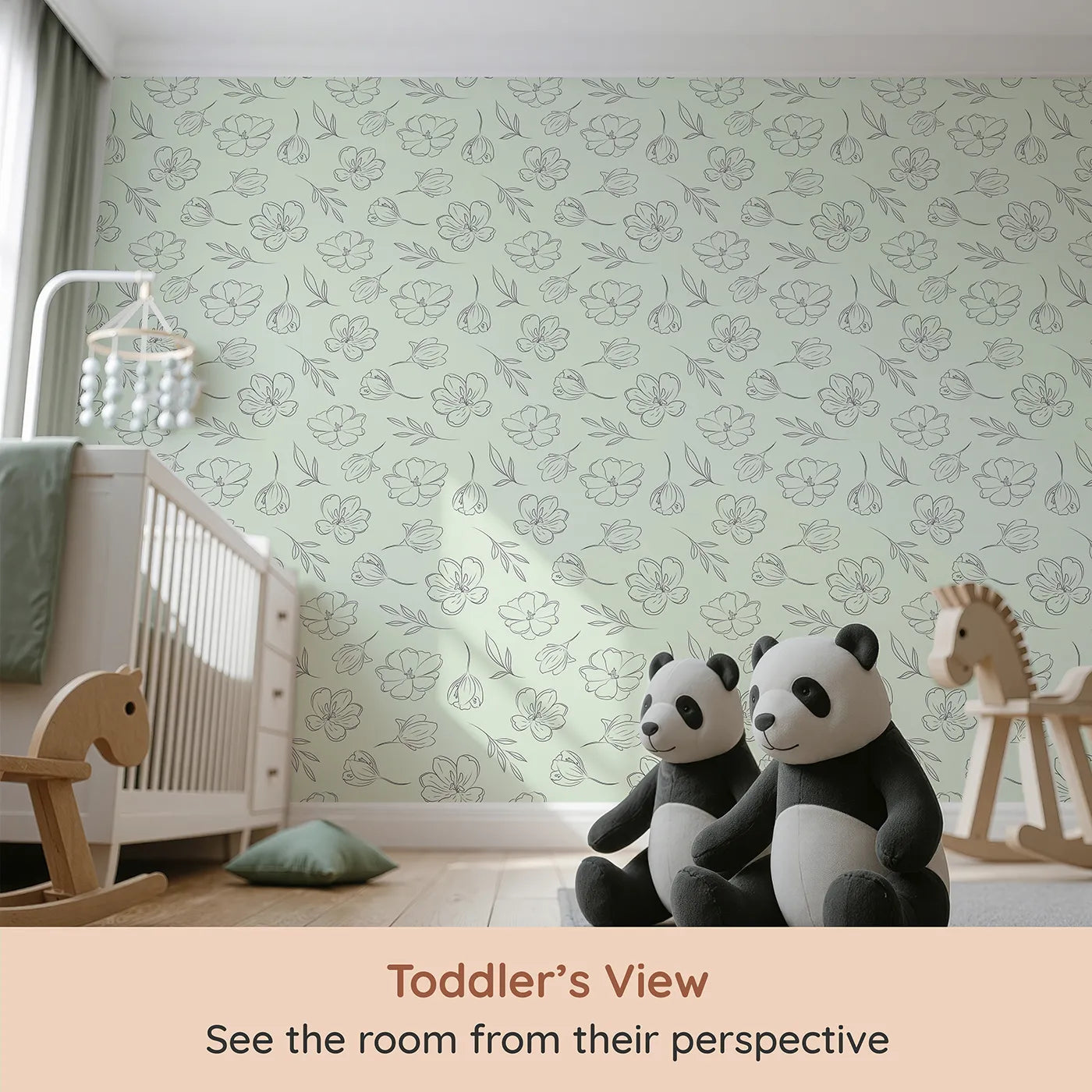 Whimsy Tots Line Art Bloom Wallpaper in Mint Green (W3340D) from your child's view.Soft line-drawn florals float gently across minty green skies.