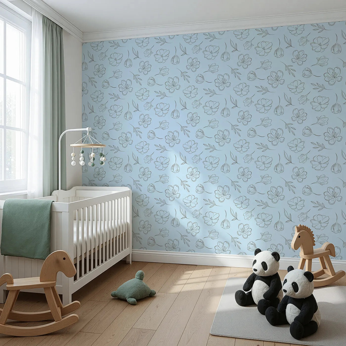 Angled view of Whimsy Tots' Line Art Bloom Wallpaper in Blue (W3340E).Simple black florals dance gently across soft blue skies.