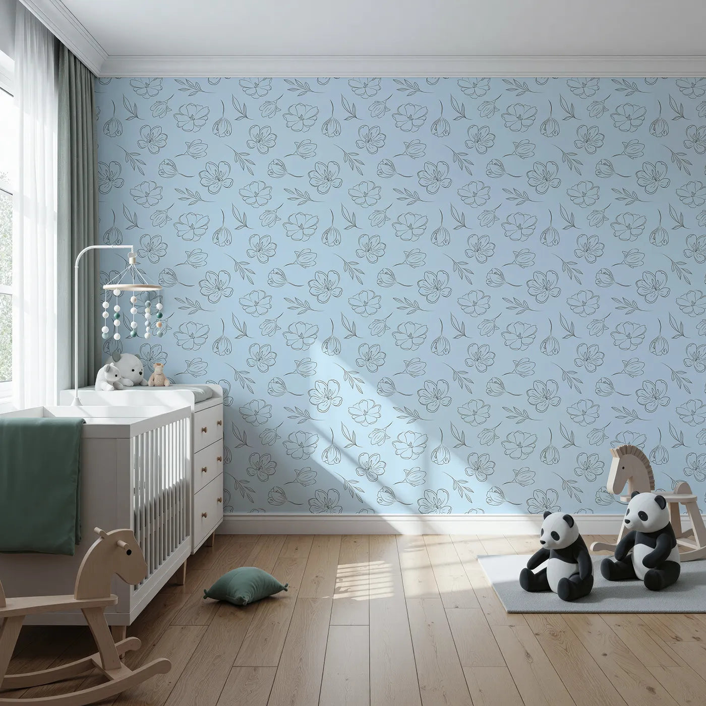 Front view of Whimsy Tots' Line Art Bloom Wallpaper in Blue
