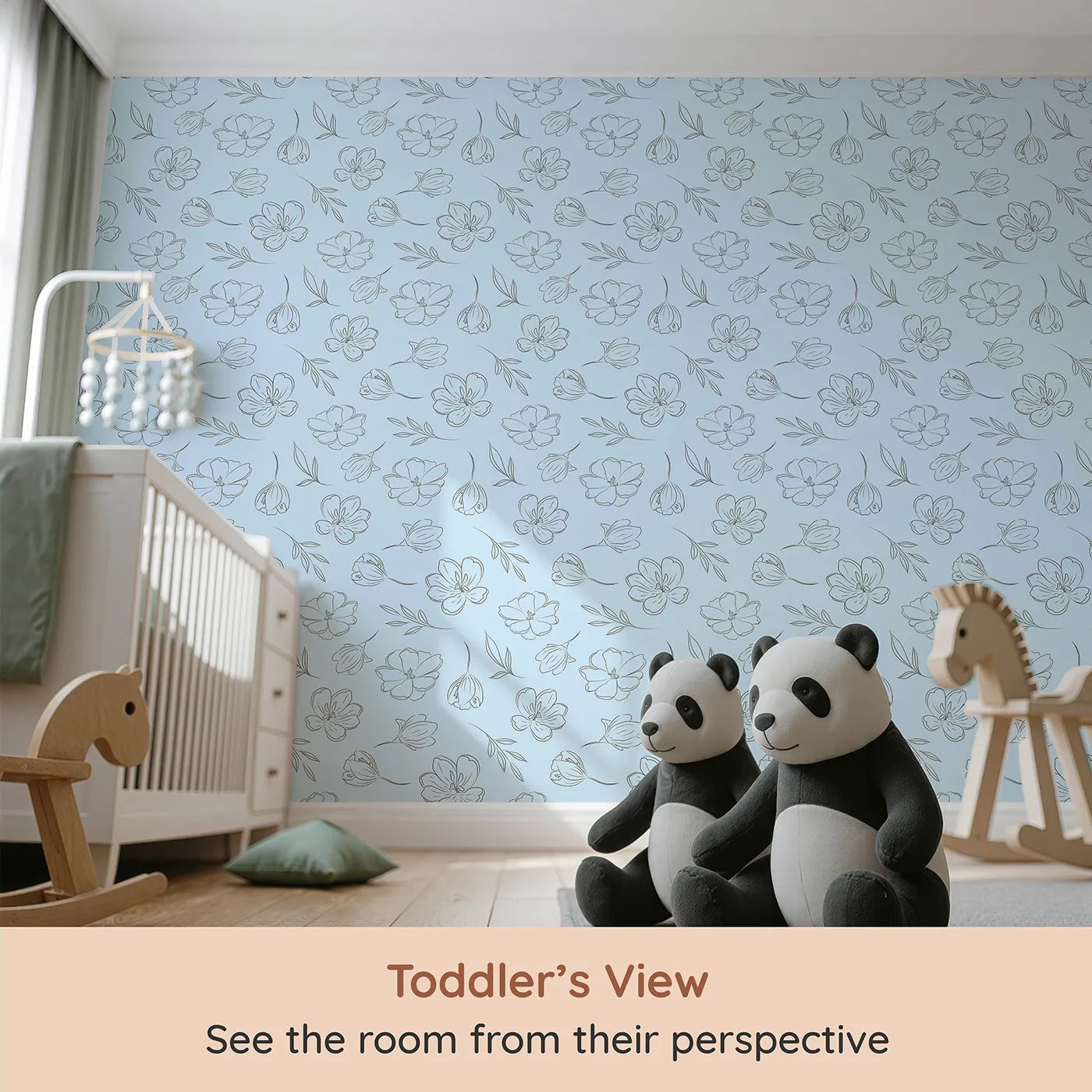 Whimsy Tots Line Art Bloom Wallpaper in Blue (W3340E) from your child's view.Simple black florals dance gently across soft blue skies.