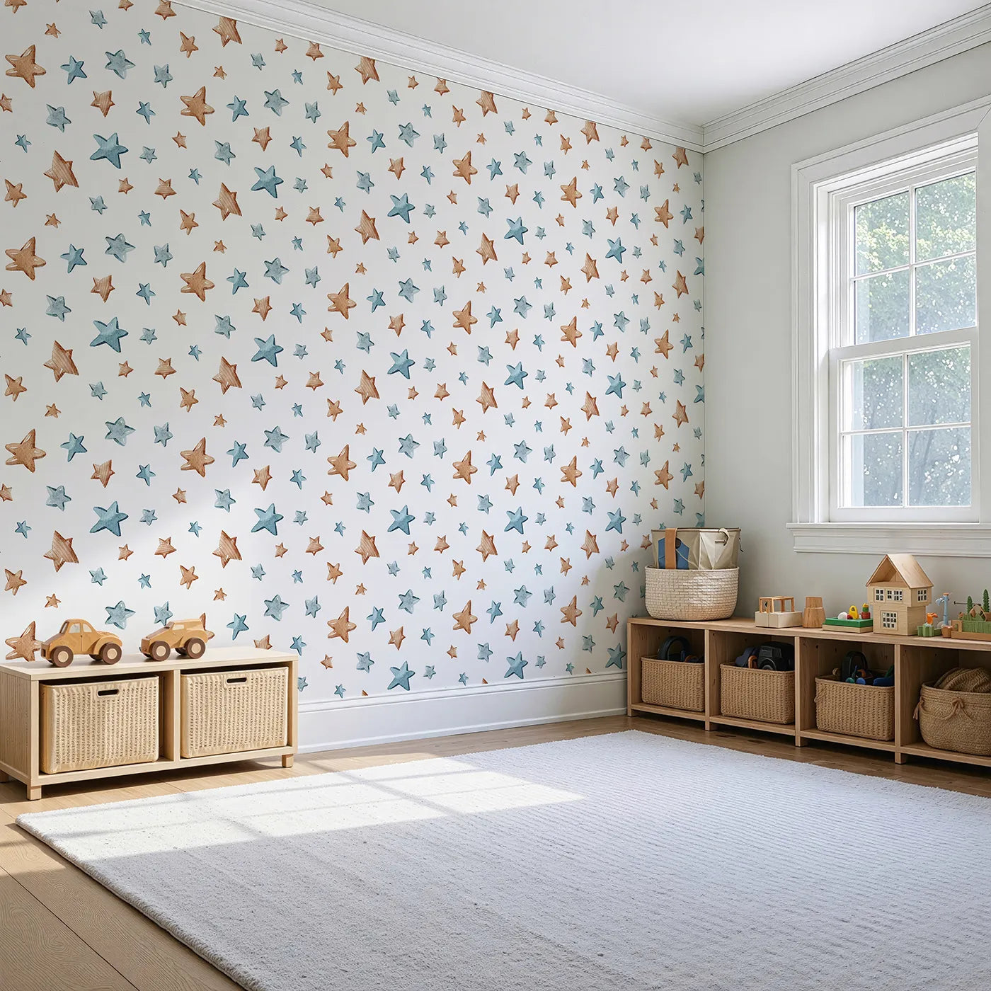 Angled view of Whimsy Tots' Starry Drift Wallpaper in White (W3341A).Blue and brown watercolor stars drift across a peaceful white sky.