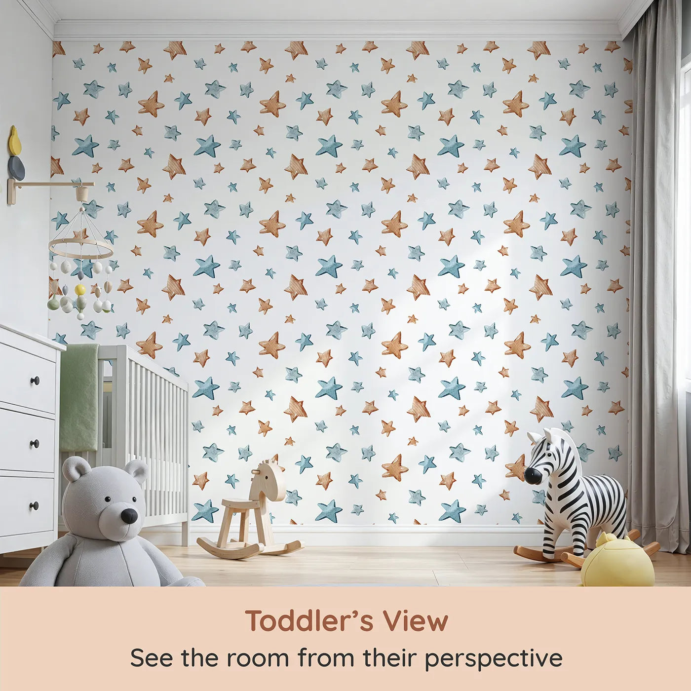 Whimsy Tots Starry Drift Wallpaper in White (W3341A) from your child's view.Blue and brown watercolor stars drift across a peaceful white sky.